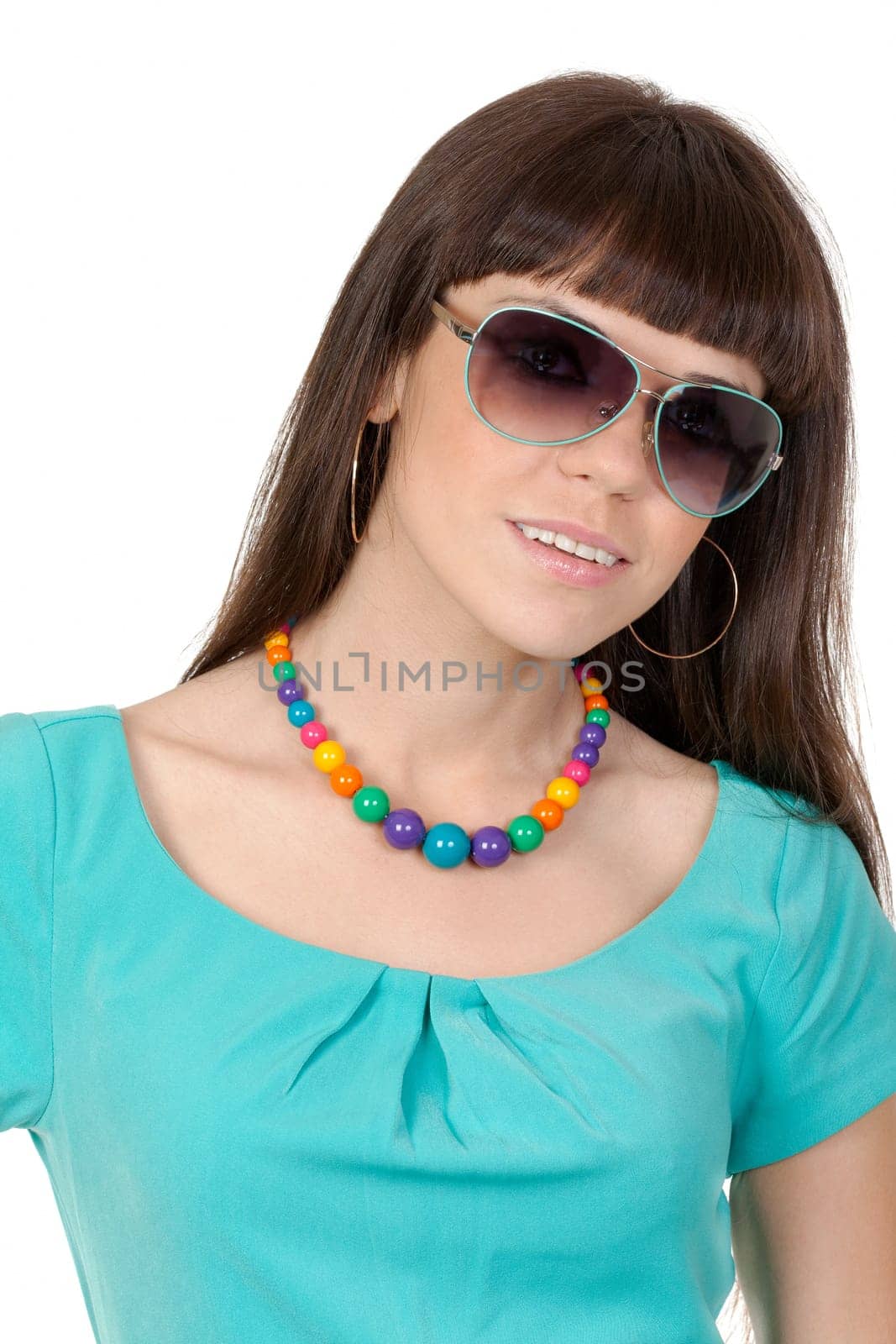 beautiful and fashion girl in sunglasses, close-up portrait, studio shot, isolate on white