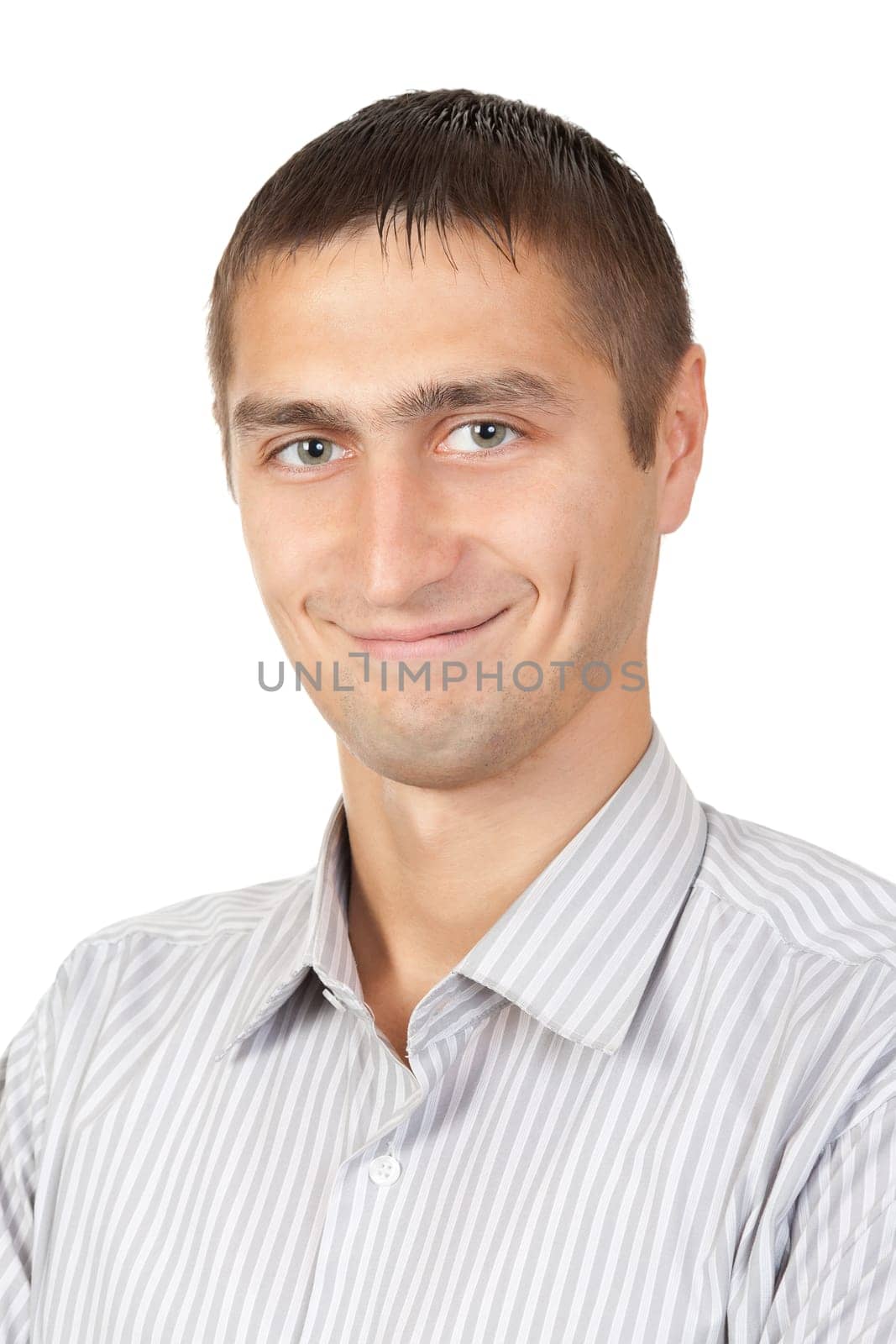 Handsome young man with happy face. Isolated on white background, studio shot.