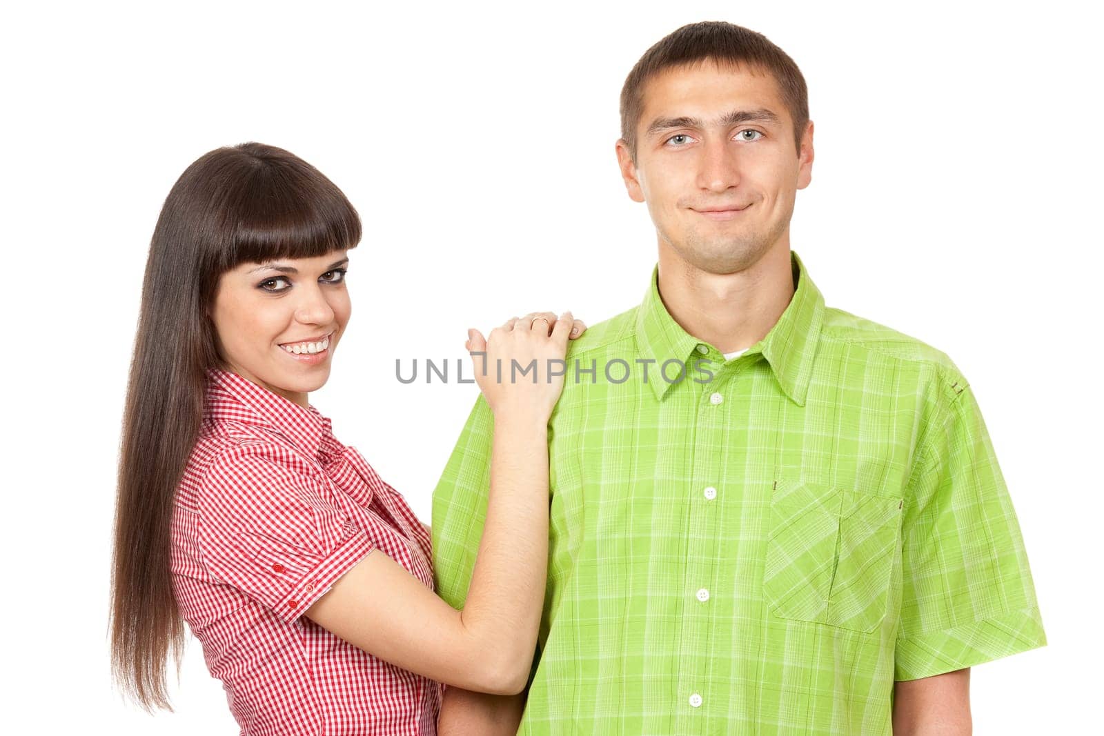 Funny couple in colored clothes isolated on white background