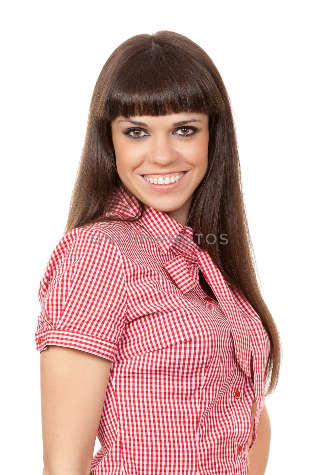 Portrait of a beautiful young girl in a red plaid shirt. Isolate on white.