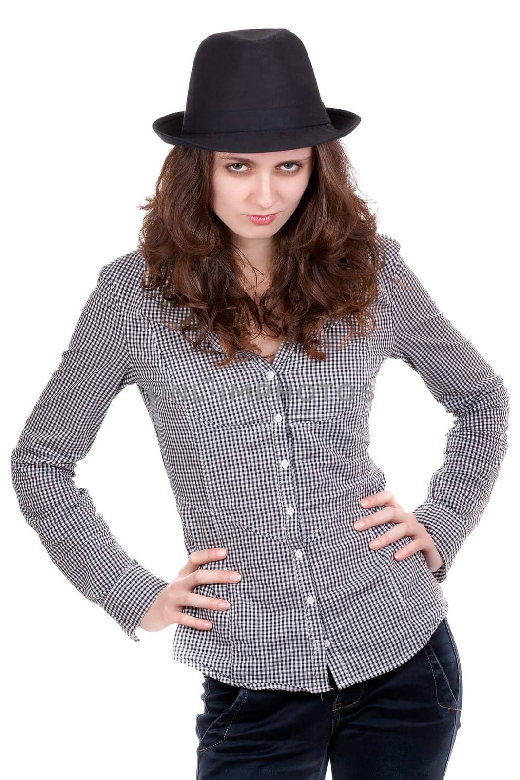 brutal beautiful girl in a black felt hat, isolate on white