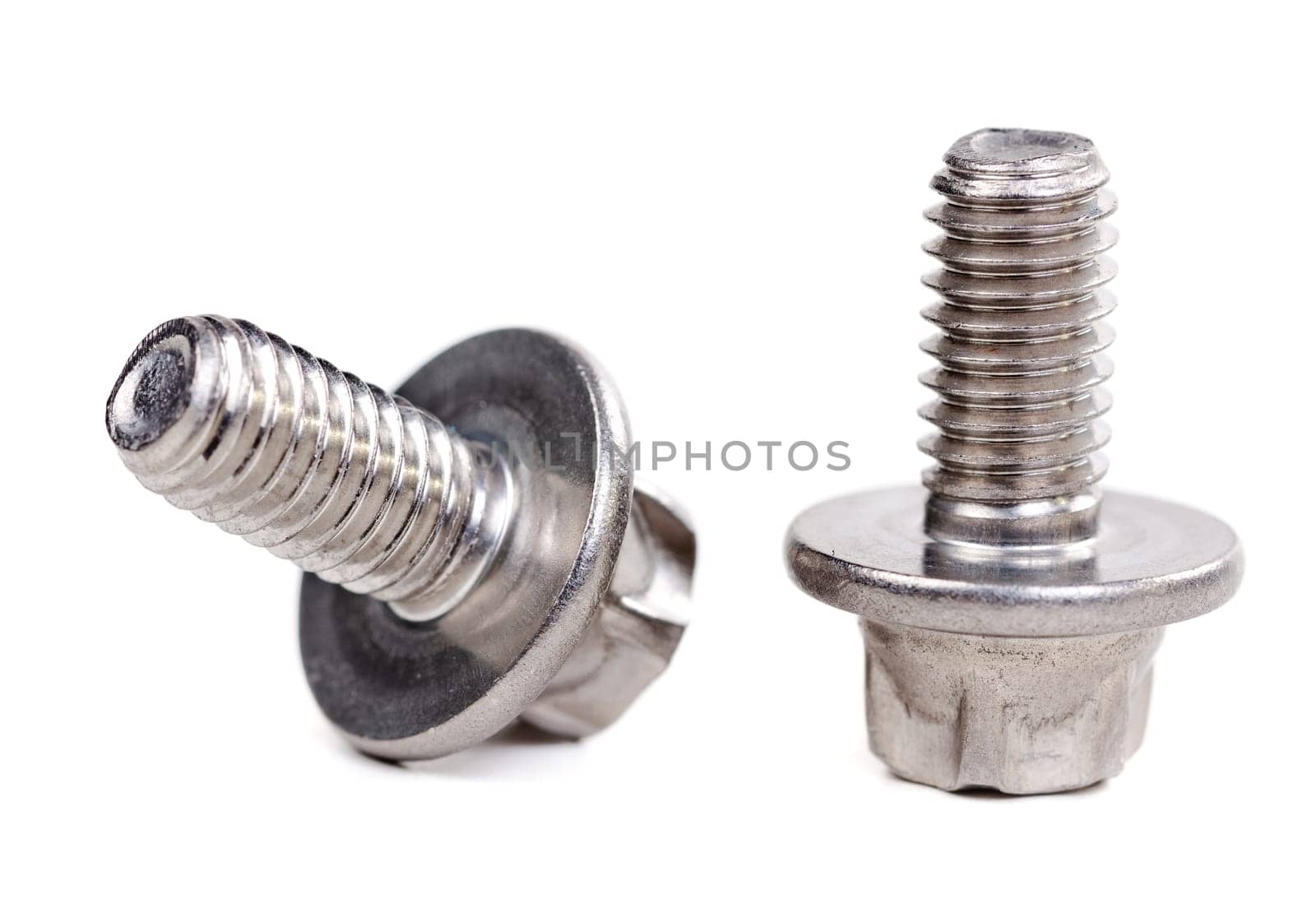 two steel bolts closeup on white background