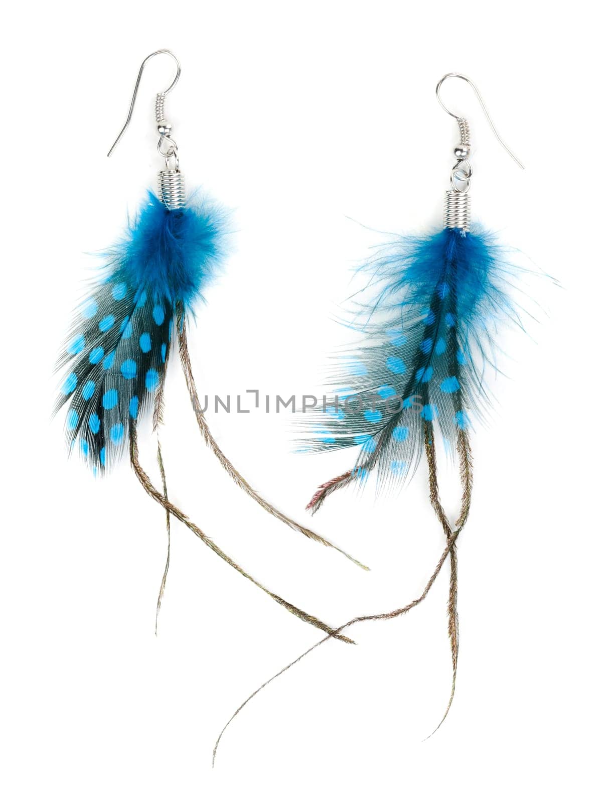 A pair of ladies earrings from feather. Isolate on white