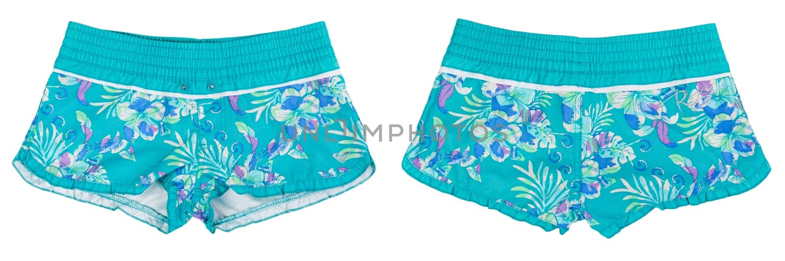 collage of women's beach shorts with blue pattern isolated on white background