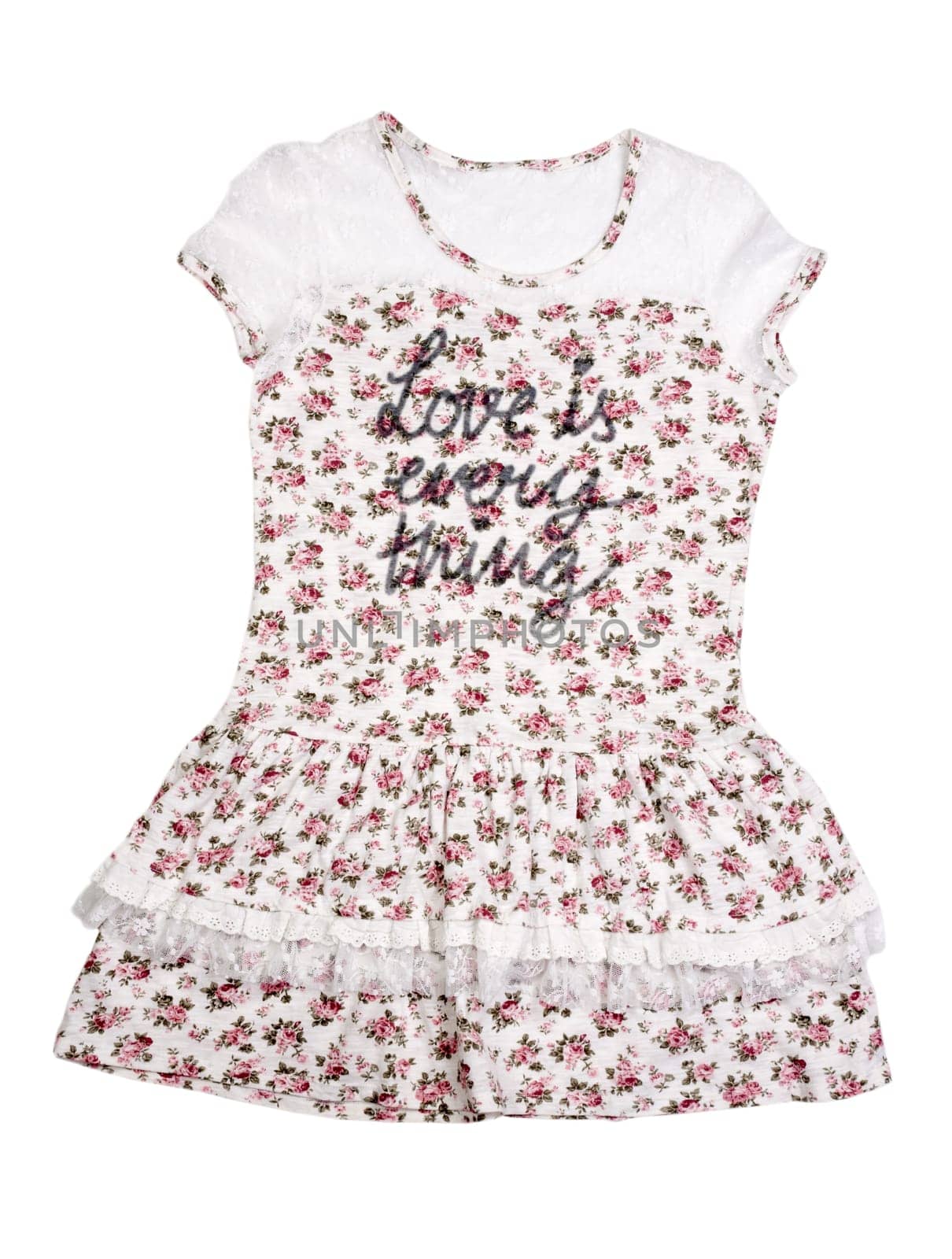 Womens summer dress with floral pattern and the words Love is every thing. Isolate on white