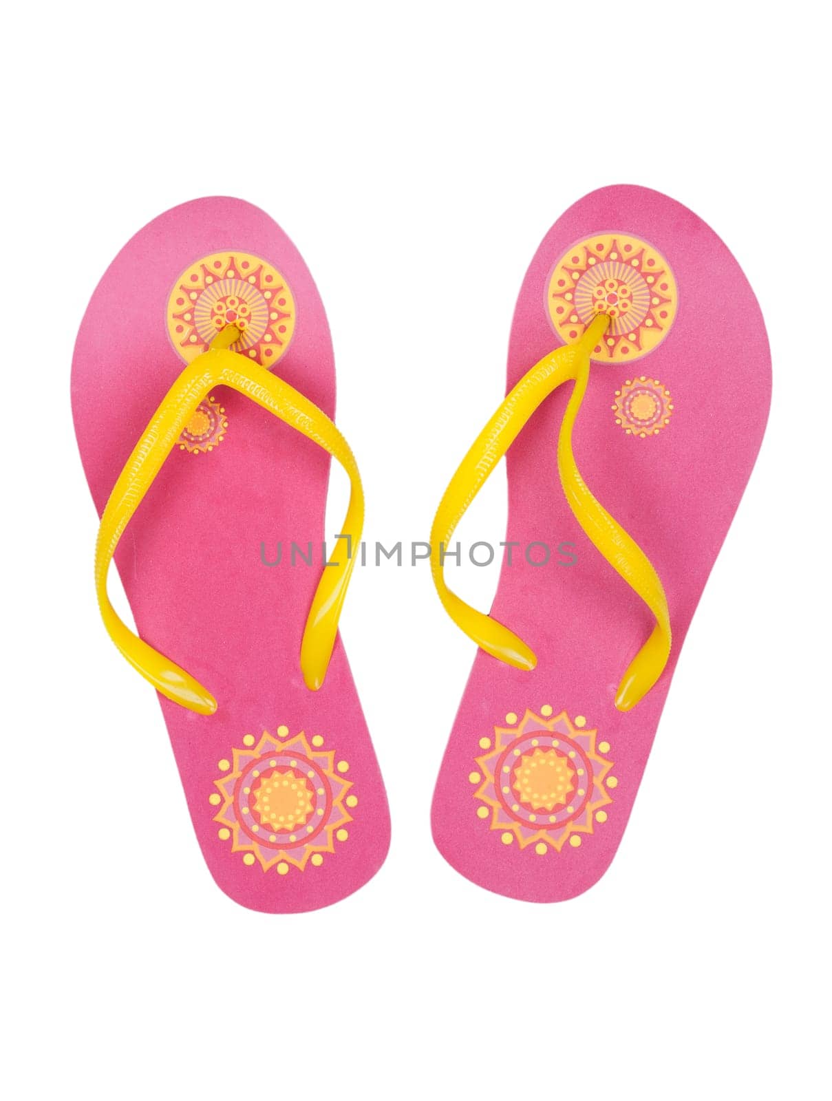 Pink summer beach shoes with a yellow pattern. Isolate on white.