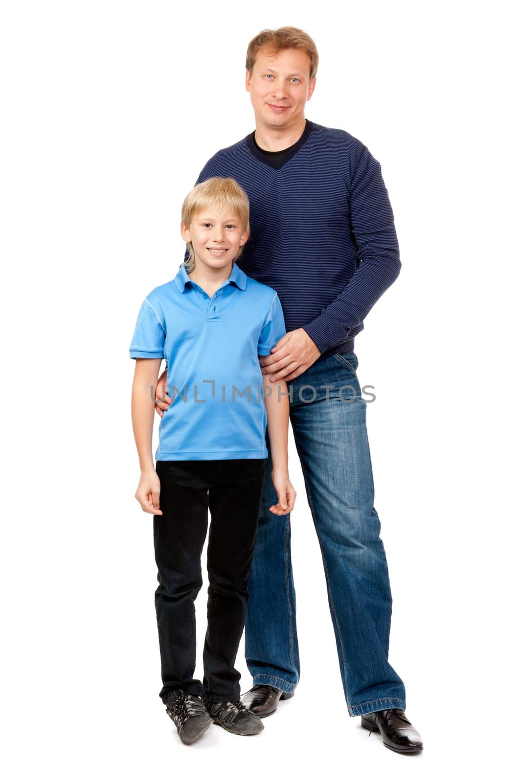 Dad and son are in the studio on a white background