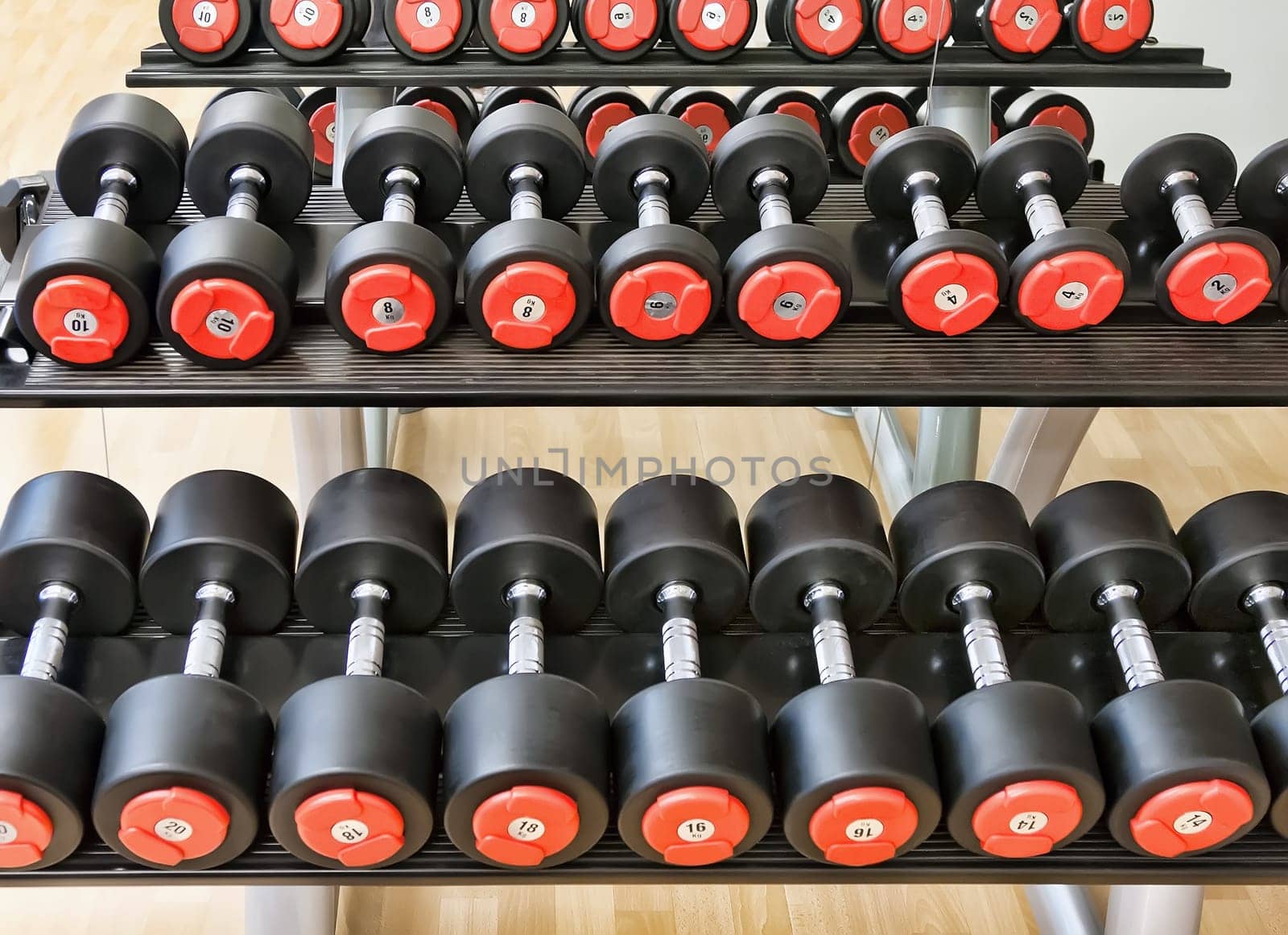 Heavy sports dumbbells in modern sports club