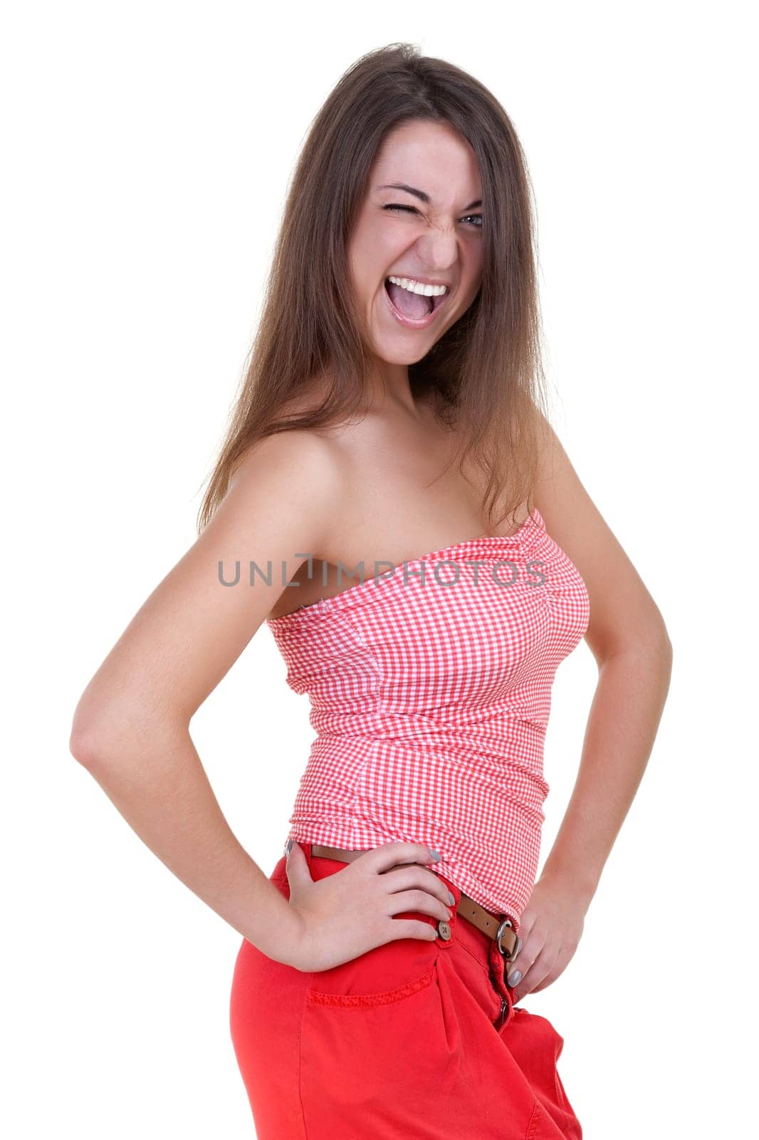 Happy girl excited. Young woman smiling very happy surprised isolate on white background.