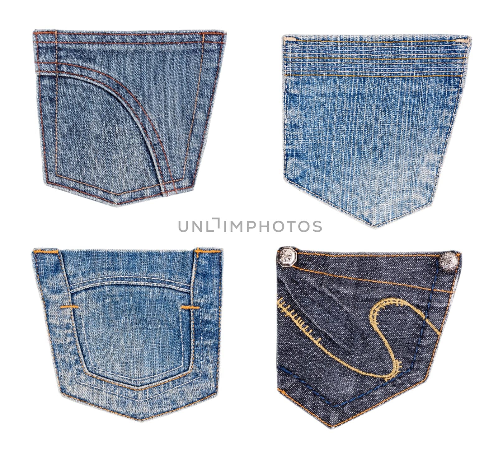 collection of different jeans pocket isolated on white.