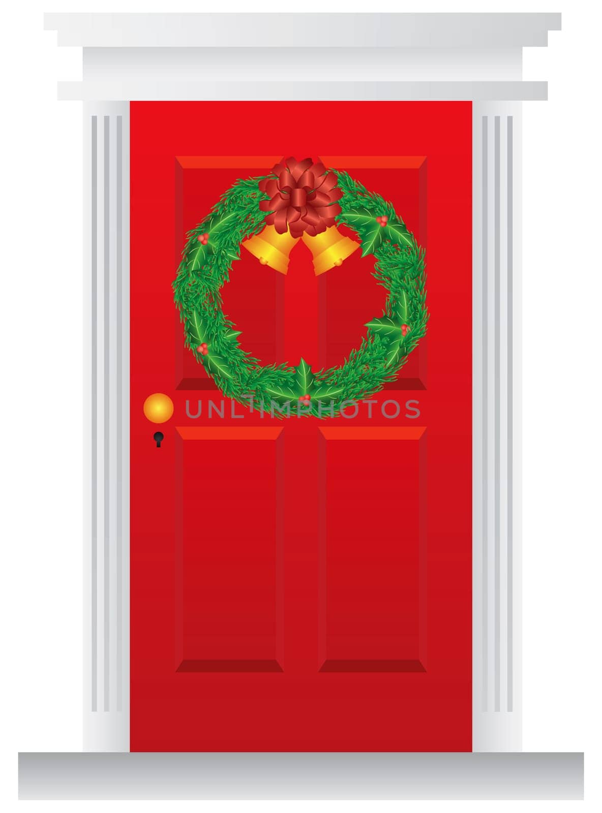 Christmas Wreath with Golden Bells Hanging on Red Door with Trimmings Illustration