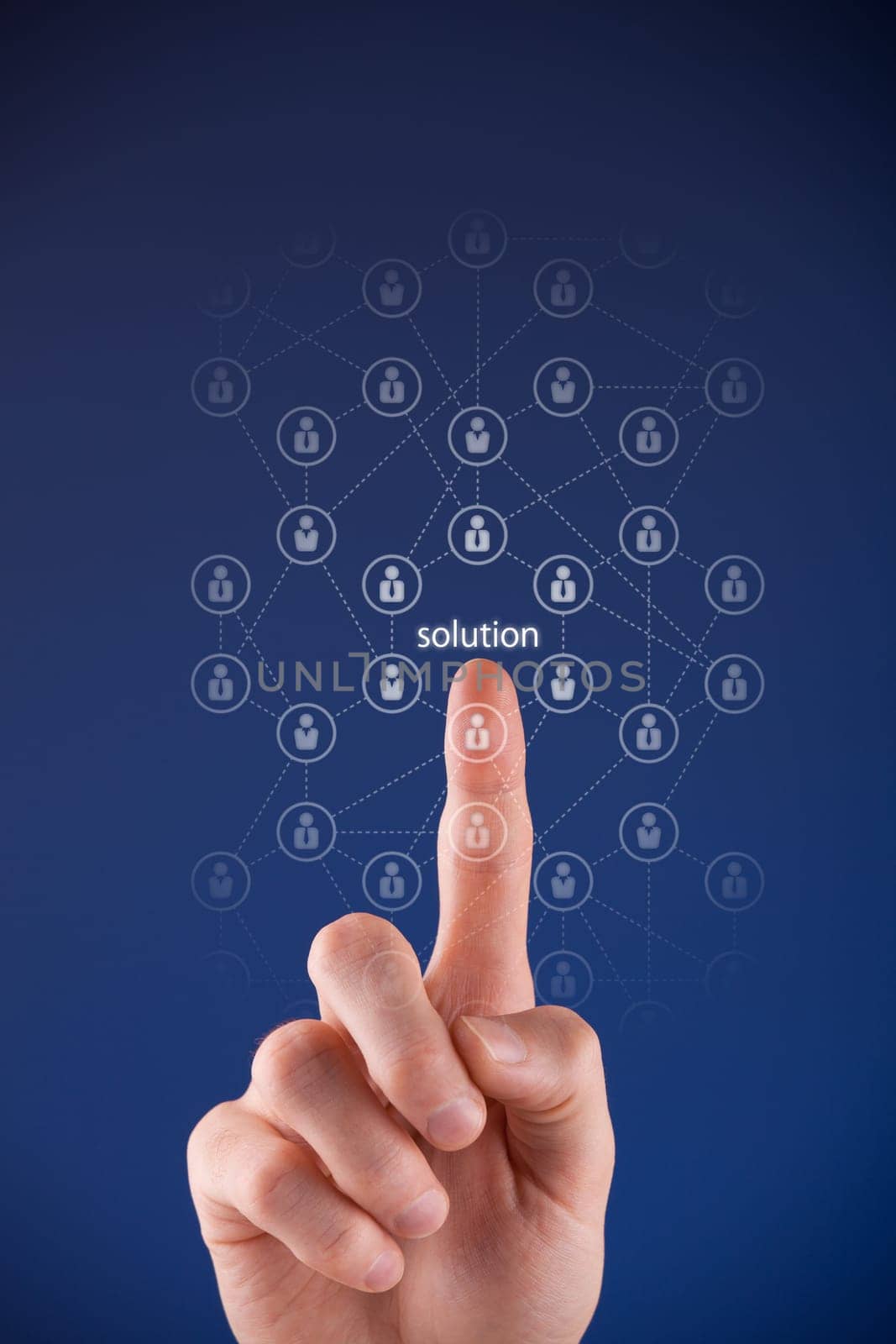 Looking for a solution with crowdsourcing and teamwork concept. Officer click on text solution and network of people relationships.