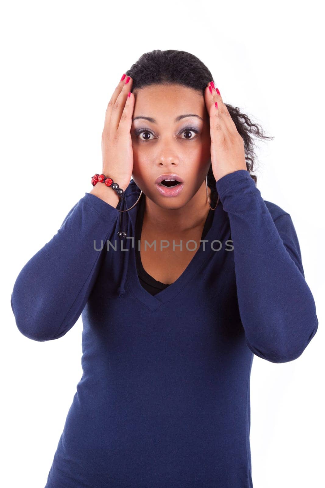 Portrait of a young African American woman holding her head, isolated on white background