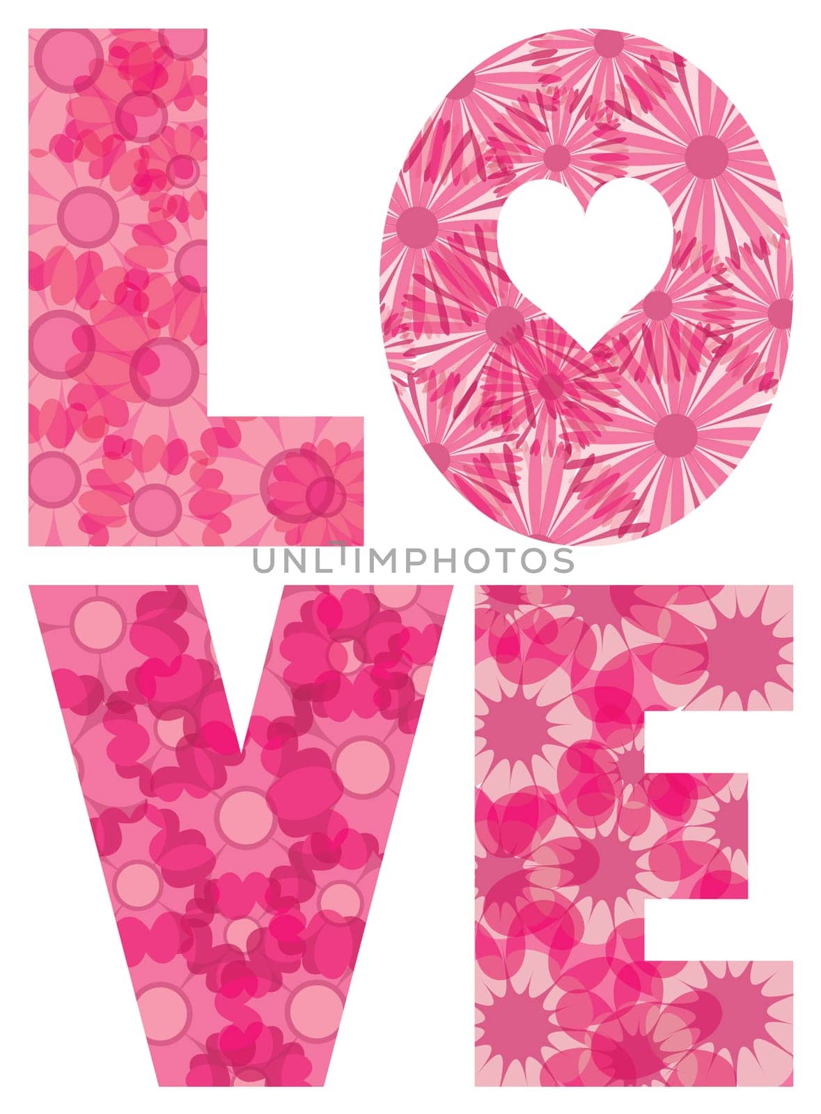 LOVE Alphabet Letters Outline with Flowers Pattern Illustration Isolated on White Background