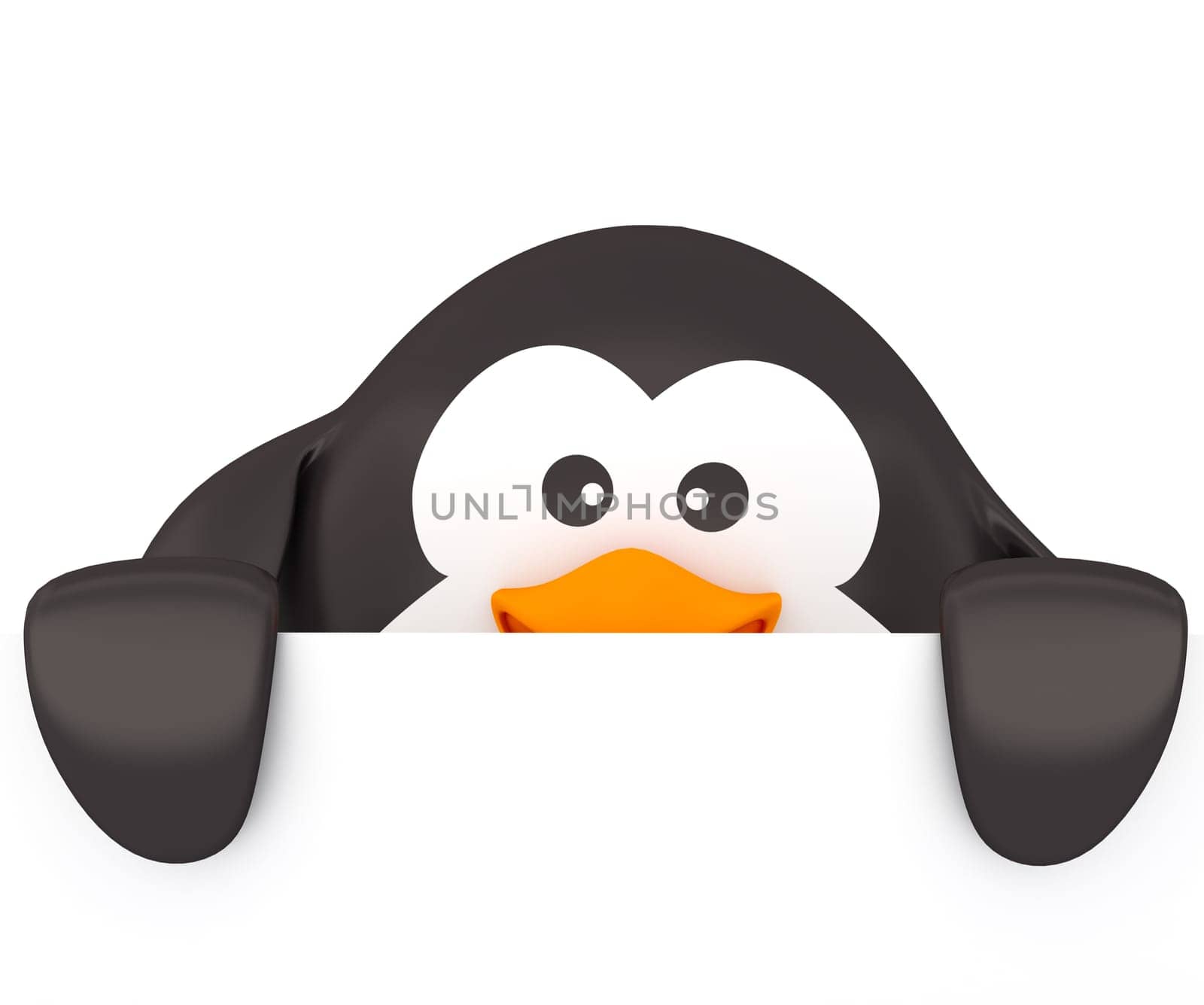 Fat penguin with empty board on white background - 3D render