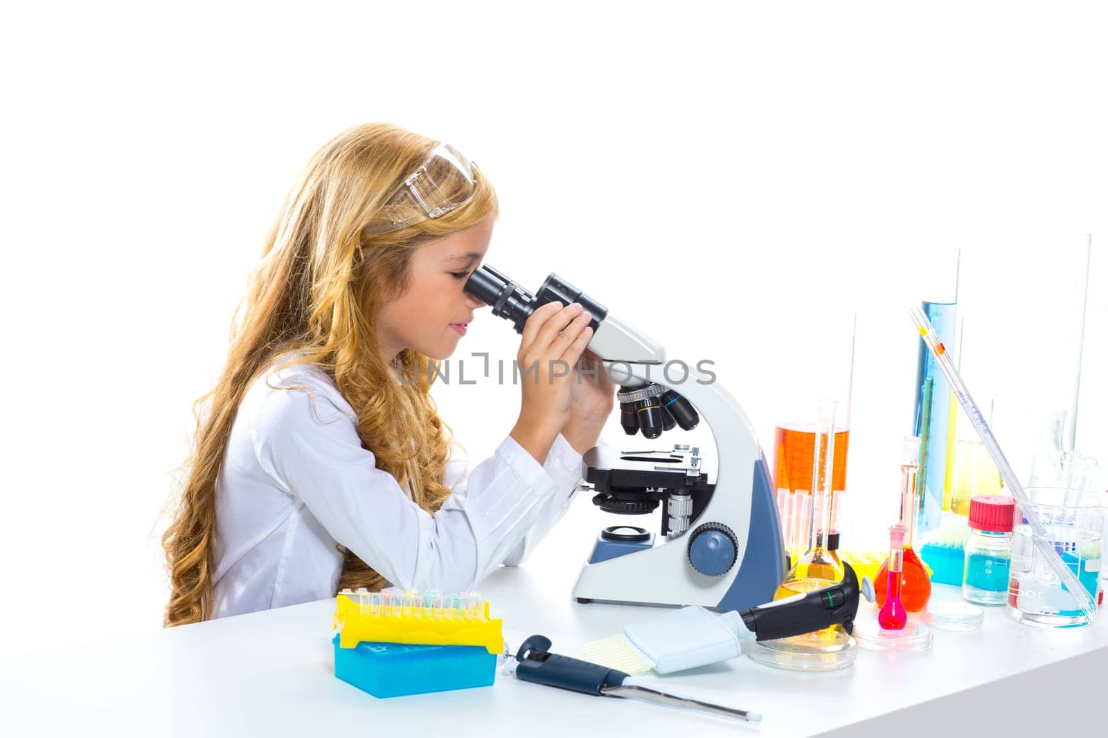 Children student girl in kid chemical laboratory at school on white