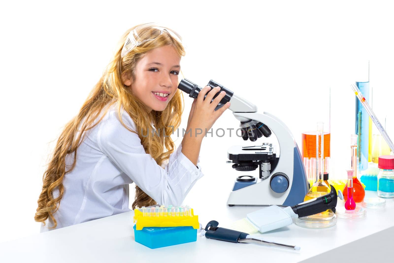 Children student girl in kid chemical laboratory at school on white
