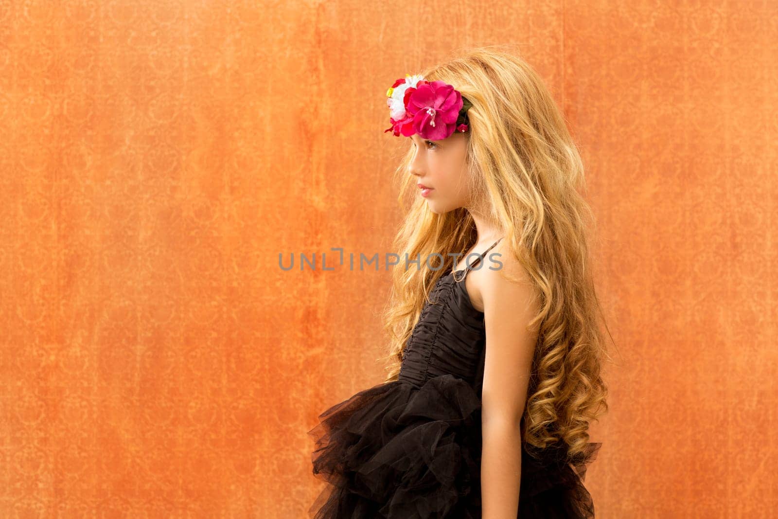 black dress kid fashion girl profile on retro vintage background