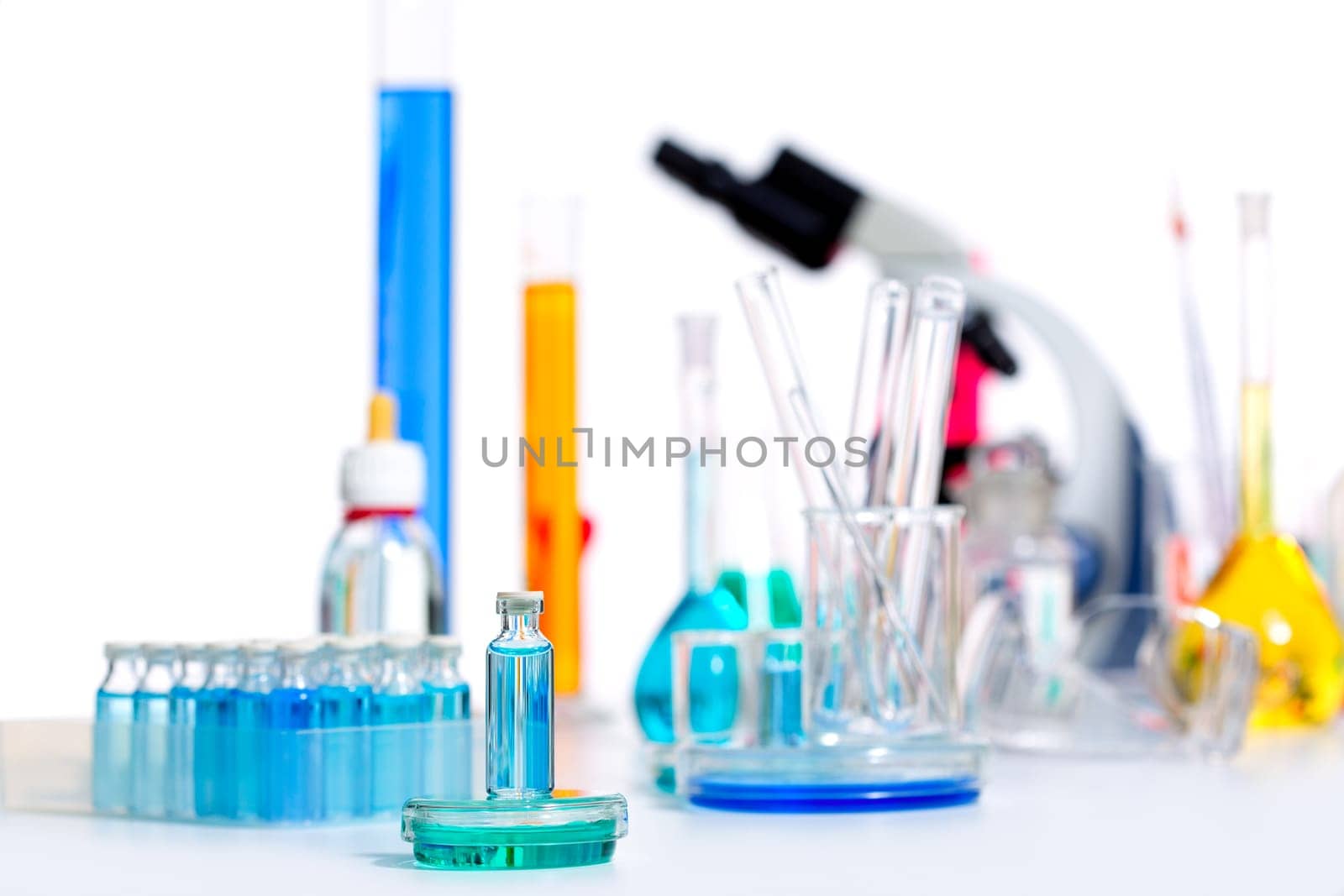 Chemical scientific laboratory stuff microscope test tube flask pipette