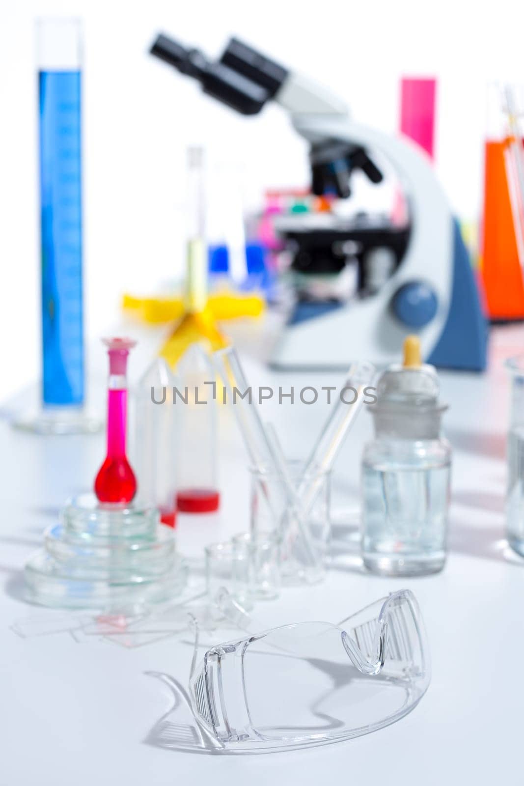 Chemical scientific laboratory stuff microscope test tube flask pipette