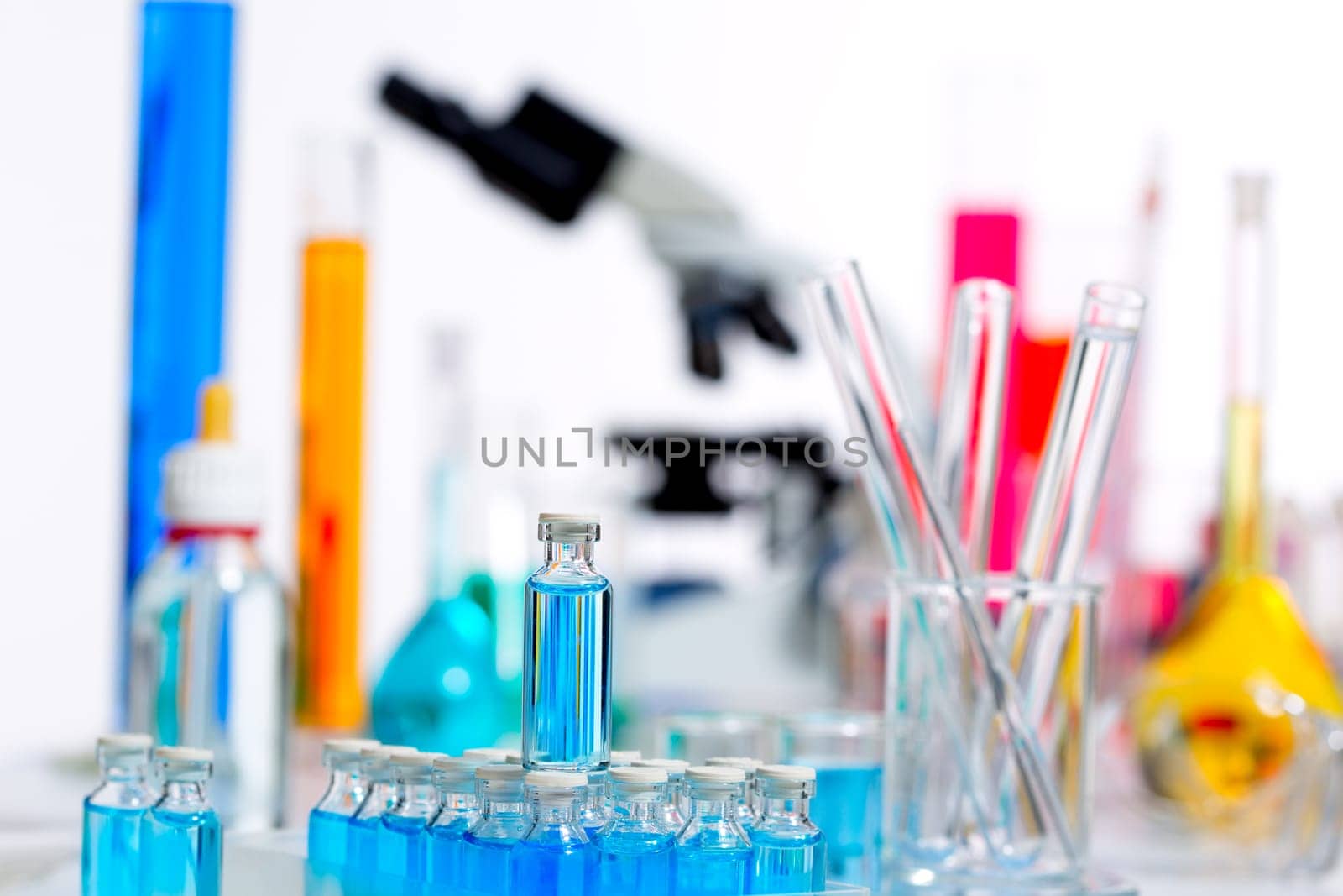 Chemical scientific laboratory stuff microscope test tube flask pipette