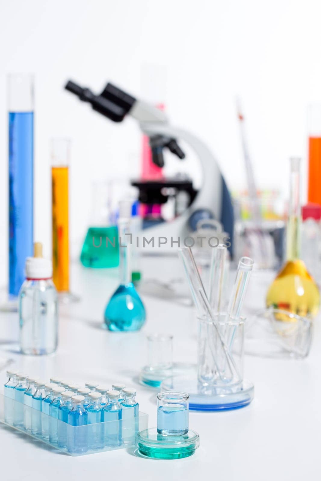 Chemical scientific laboratory stuff microscope test tube flask pipette
