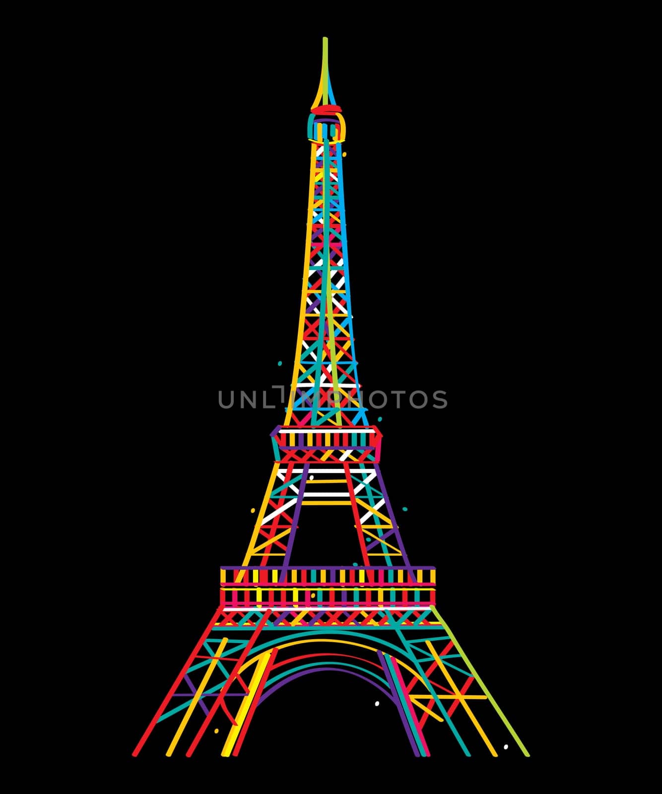 Stylish design of Eiffel tower, isolated and grouped objects on black