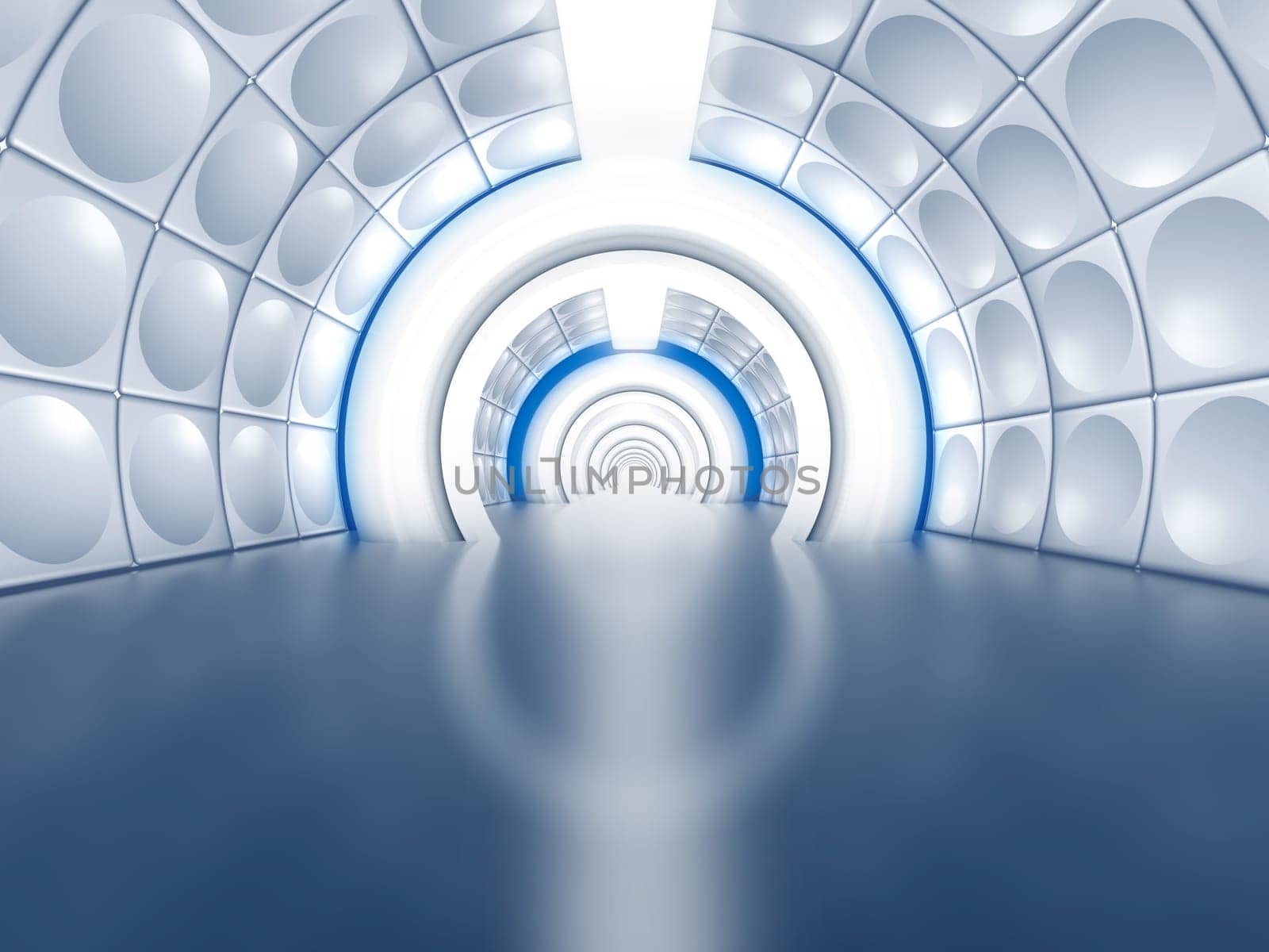Futuristic tunnel like spaceship corridor with glowing lights