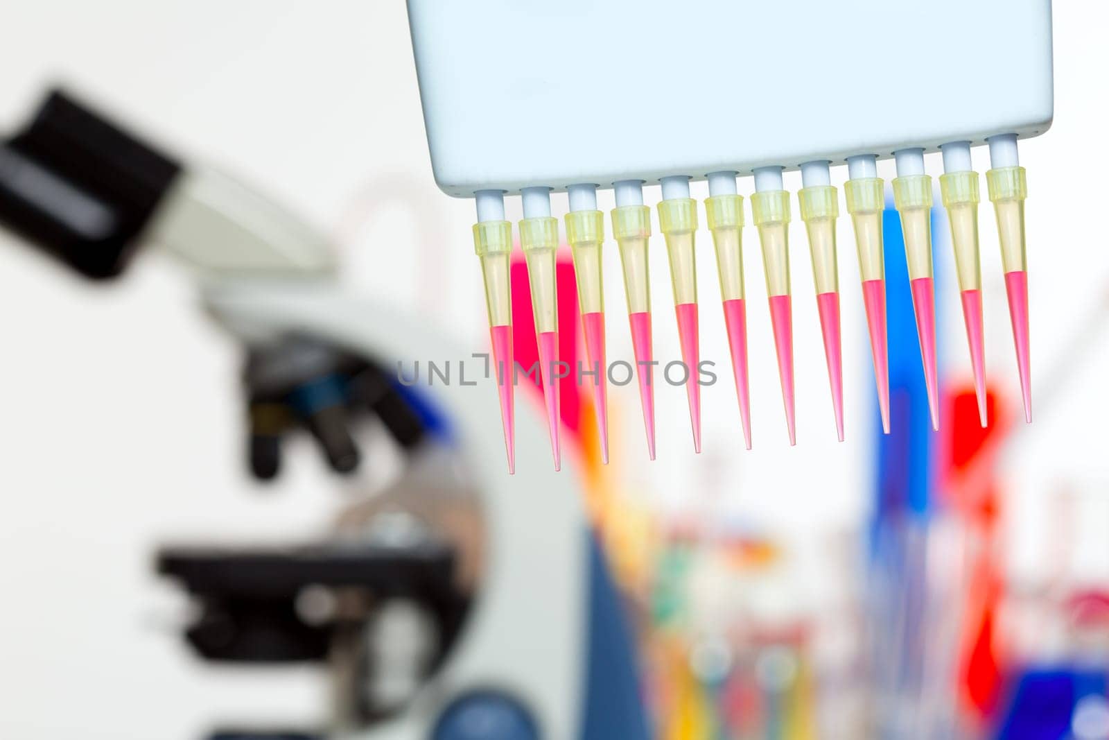 Chemical scientific laboratory multi channel pipette and test tubes
