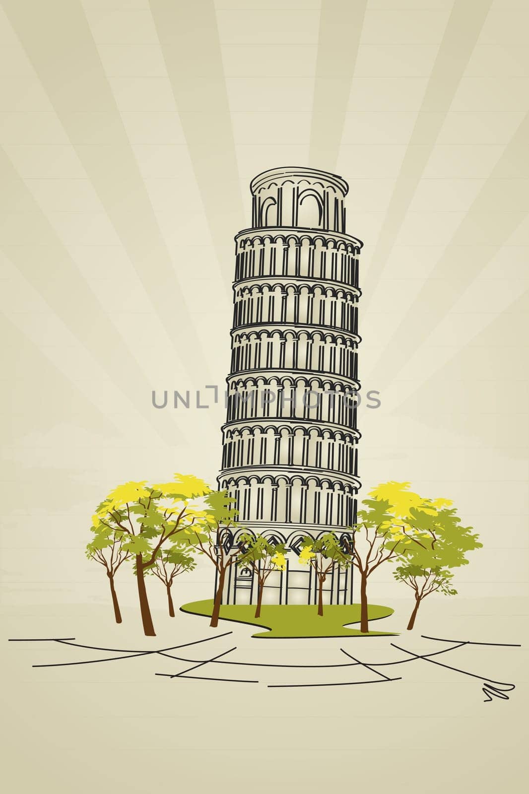 Stylish design of Leaning tower of Pisa from Tuscany, Italy.