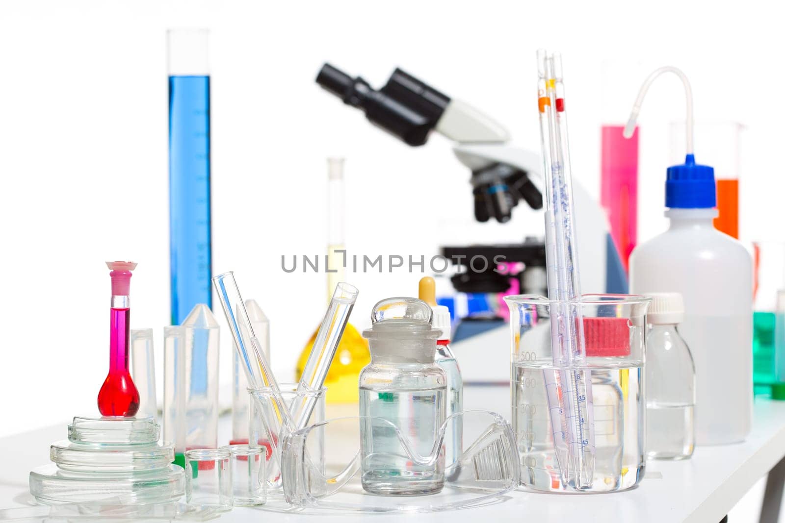 Chemical scientific laboratory stuff microscope test tube flask pipette