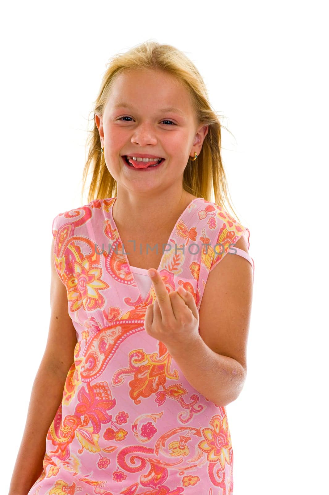 little girl showing middle finger, isolated on white