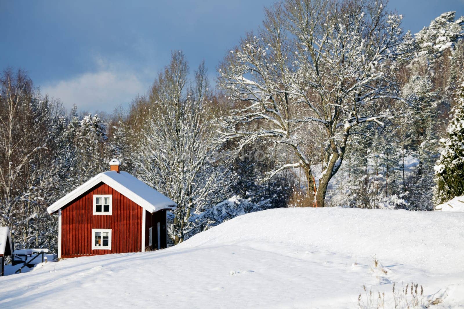 old red cottage in a snowy winter landscape. smaland. sweden