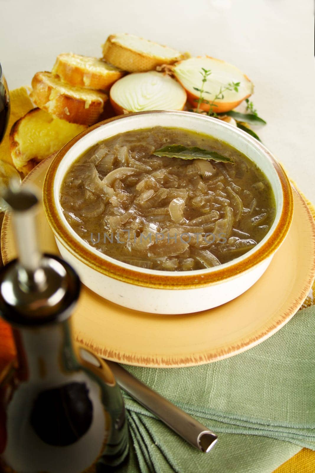 French onion soup freshly prepared with cheese toast ready to serve.