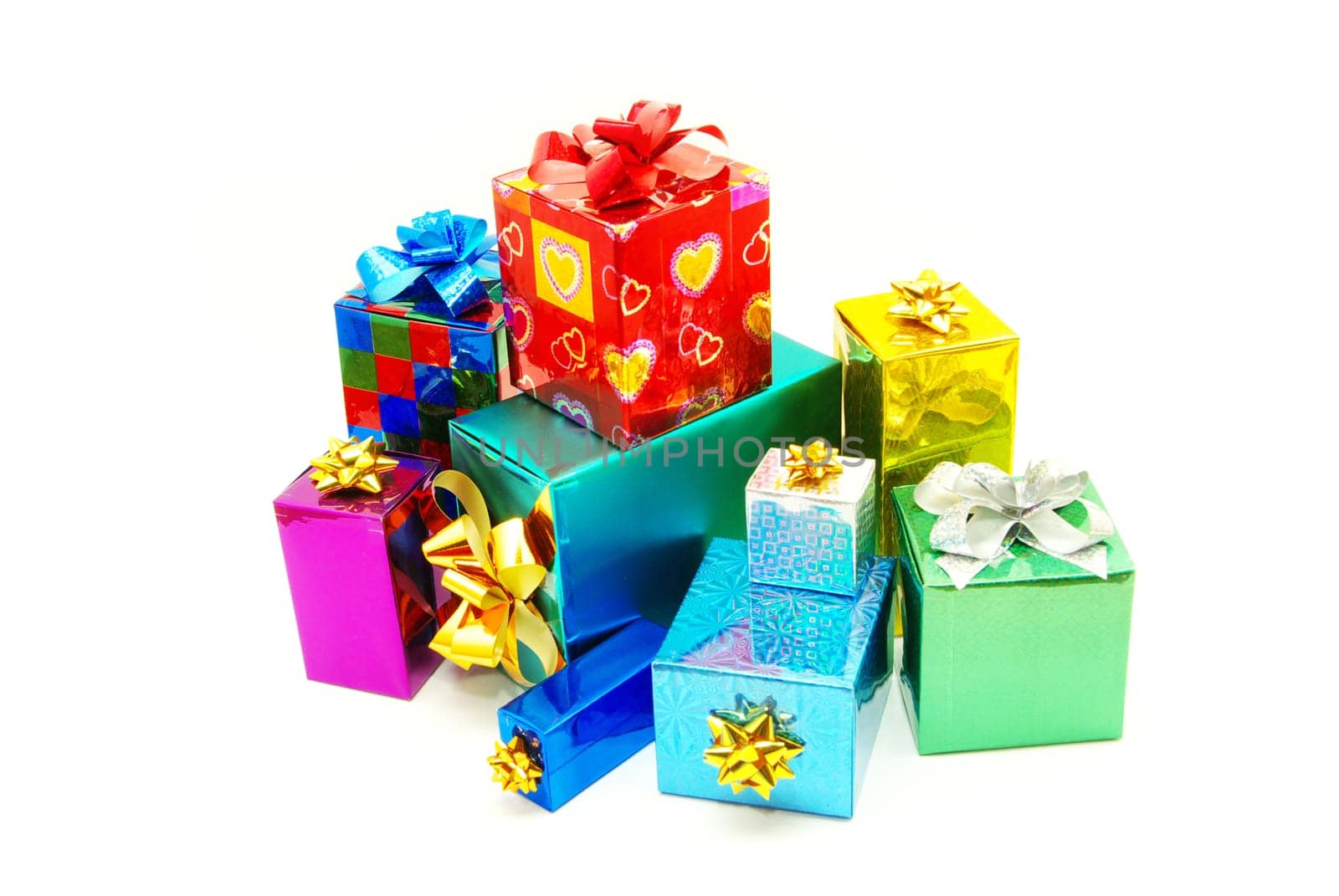 Christmas box gifts with satin bow isolated on white background