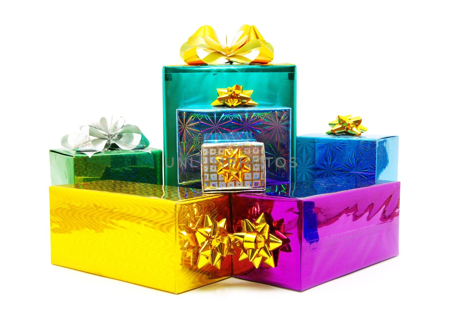 Christmas box gifts with satin bow isolated on white background