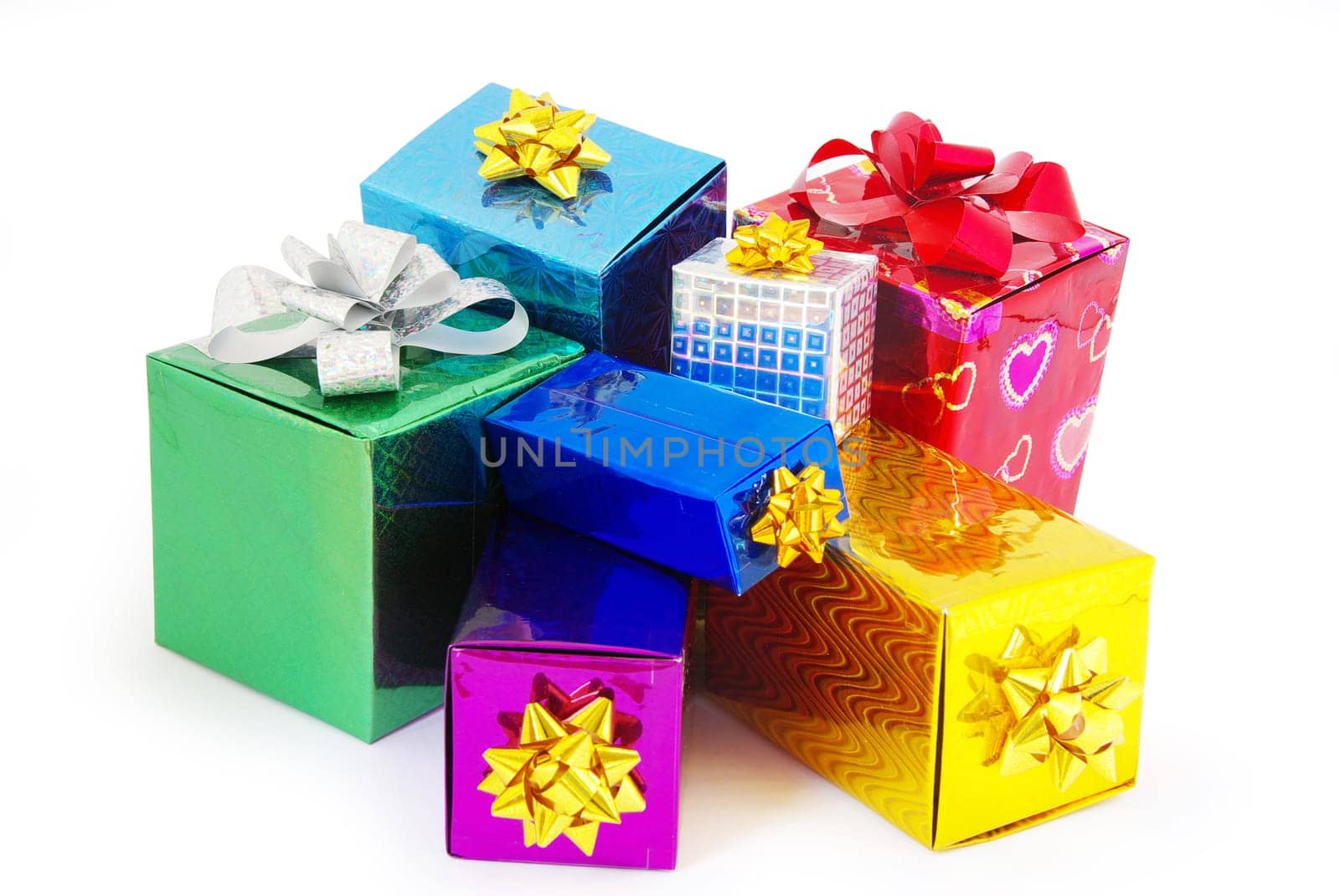 Christmas box gifts with satin bow isolated on white background