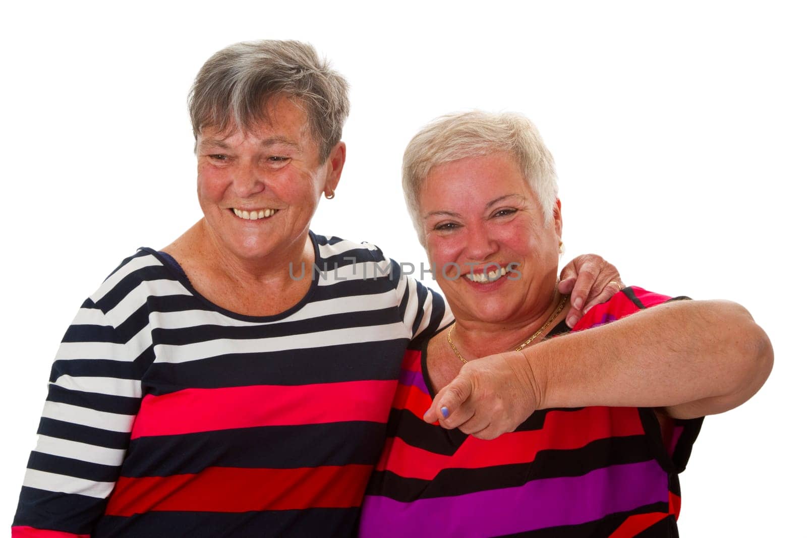 Two senior citizens communicate with each other . Isolated on white background