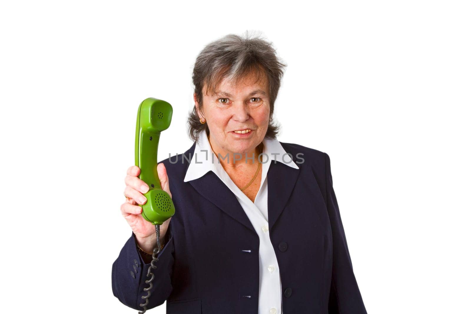 Senior boss with telephone receiver - isolated on white background