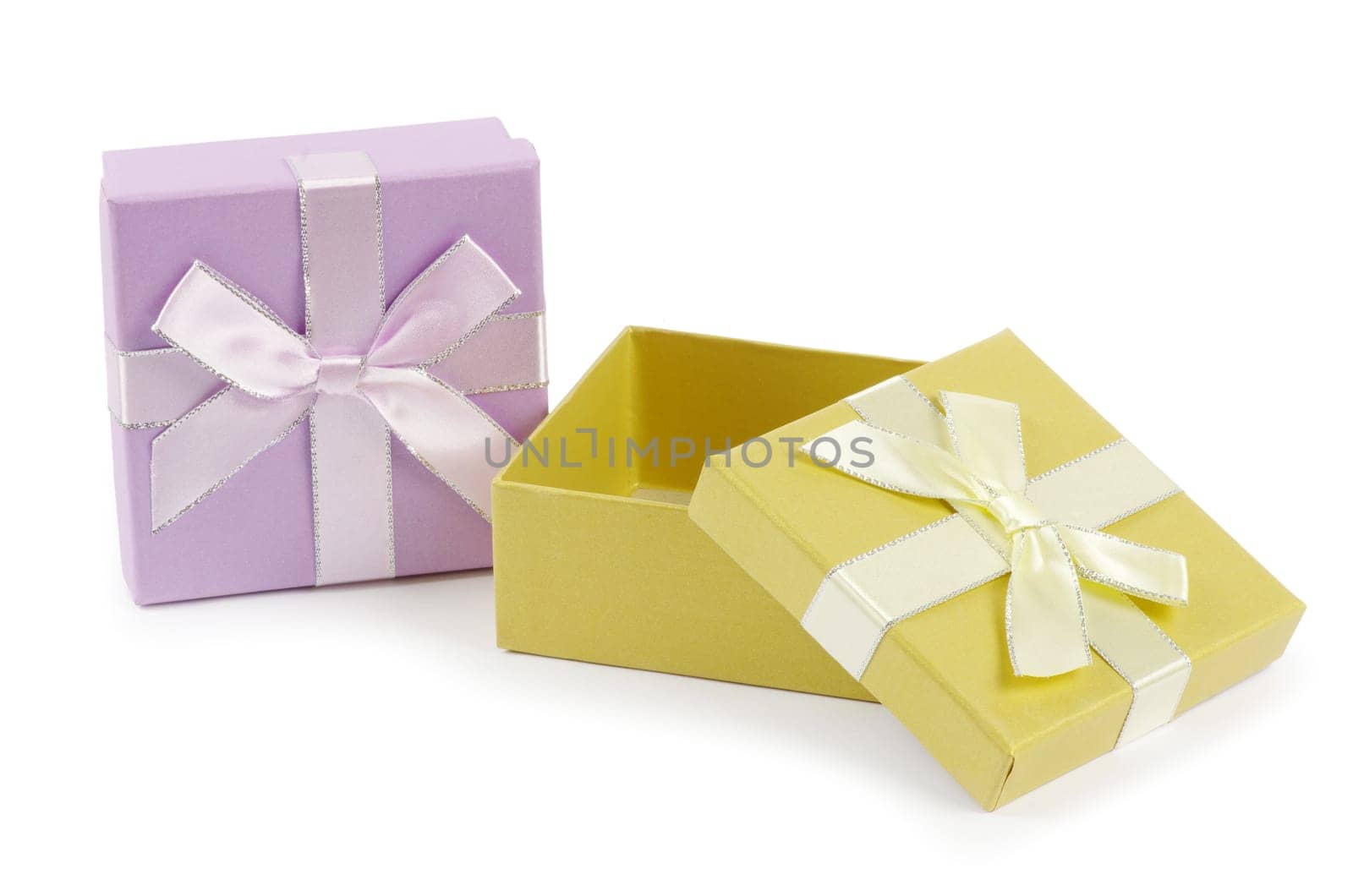Christmas box gifts with satin bow isolated on white background