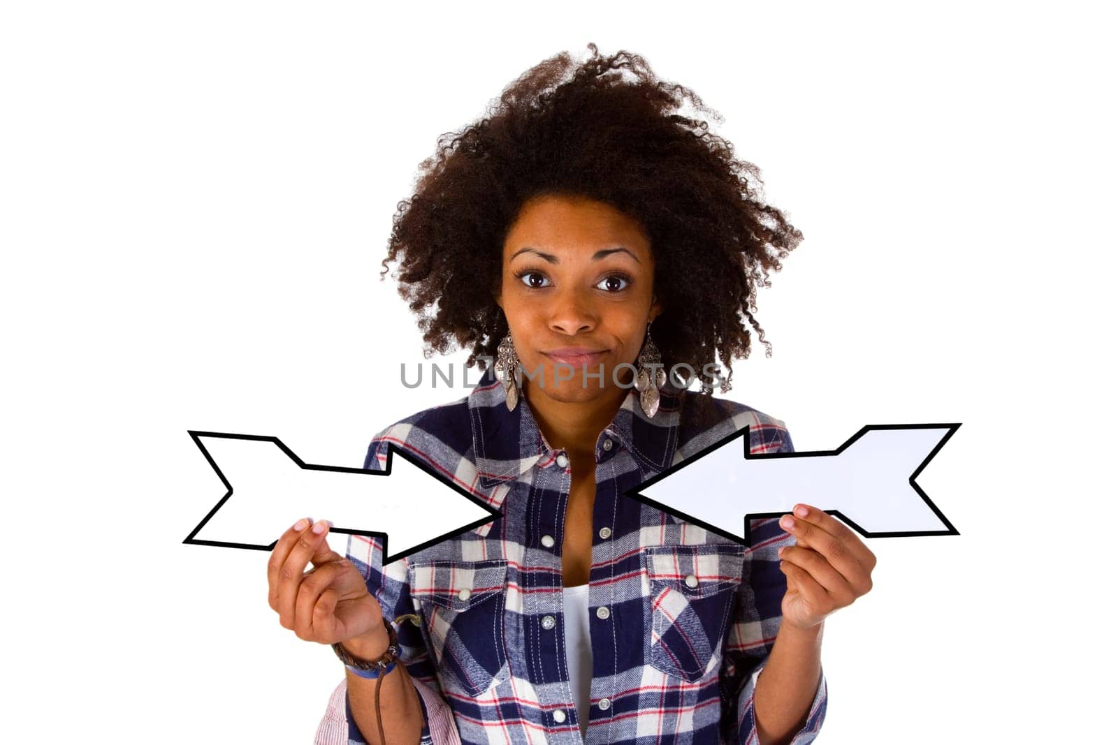 Young woman holding arrows isolated on white background