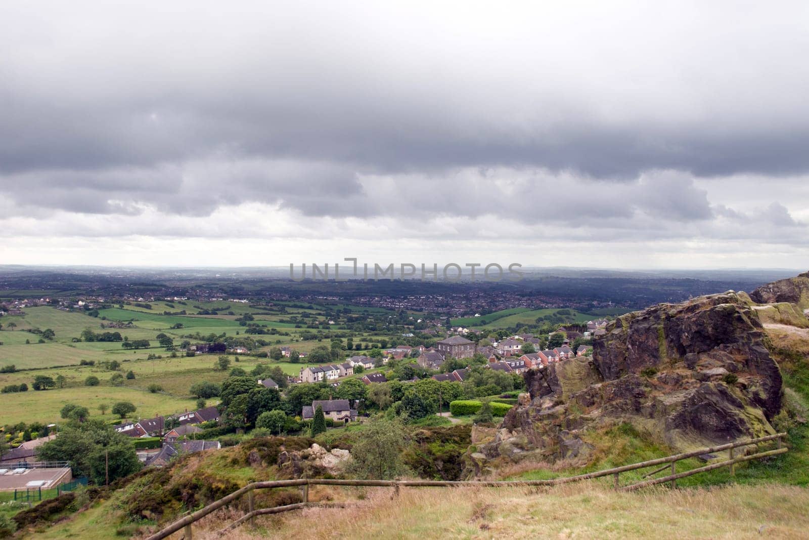 view from mow cop castle in the Biddulph valley in the county of Staffordshire in England