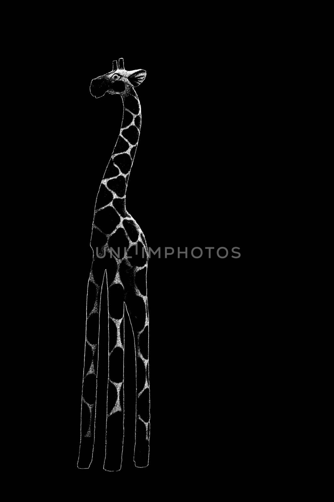 Die Seitenansicht einer Holzskulptur, eine Giraffe.