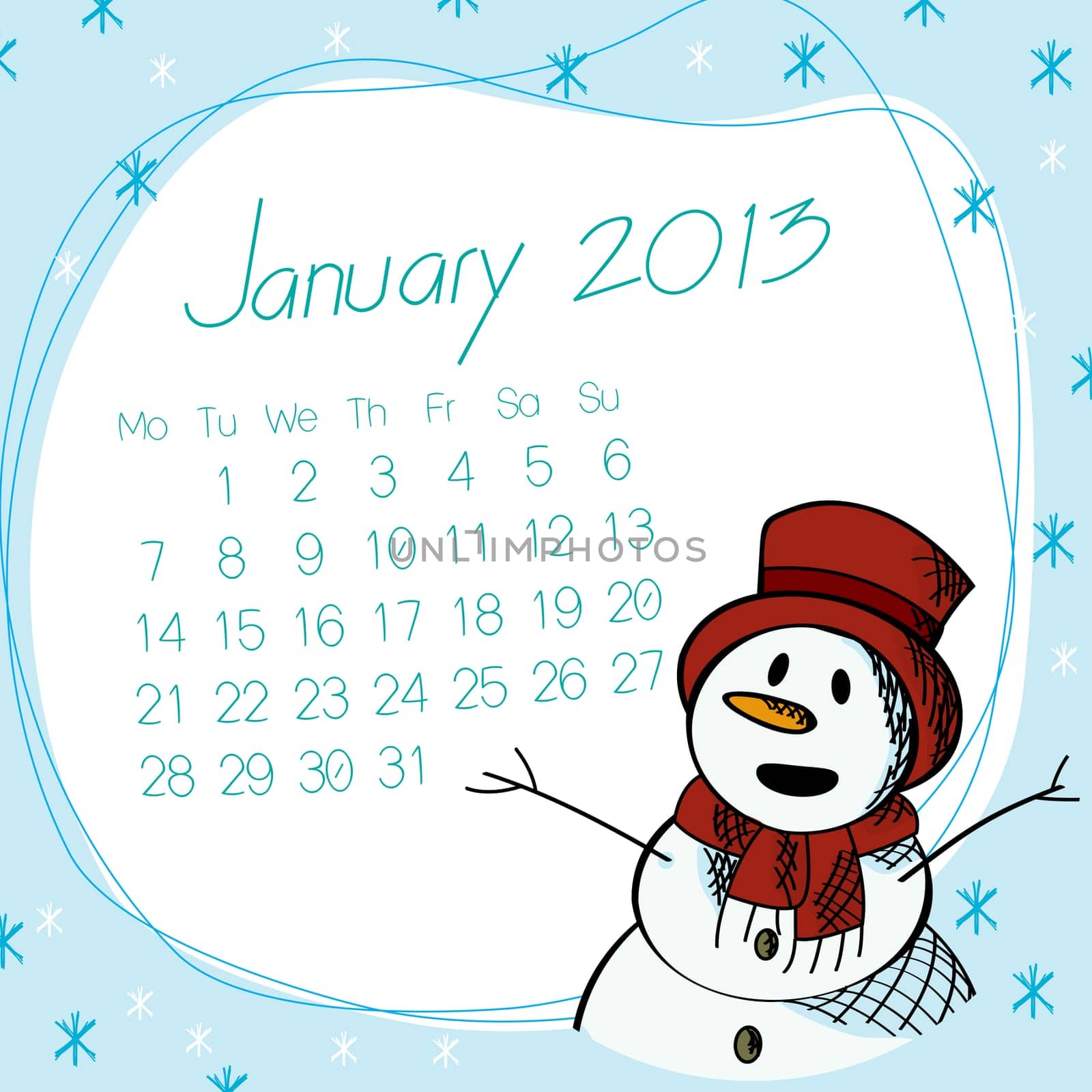 January 2013 calendar with saluting snow man.
