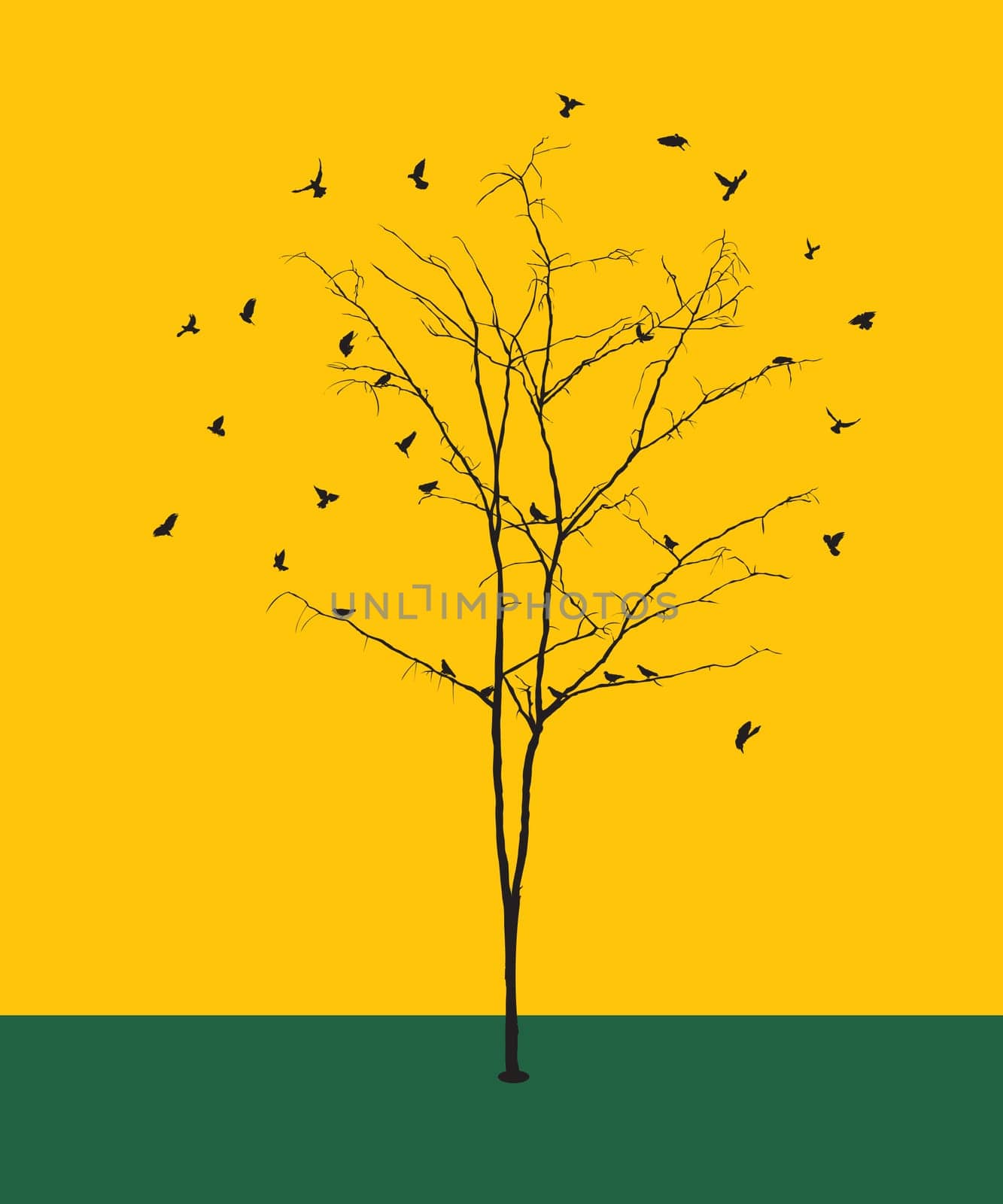 Conceptual graphic illustration with a leafless winter tree silhouette and birds.
