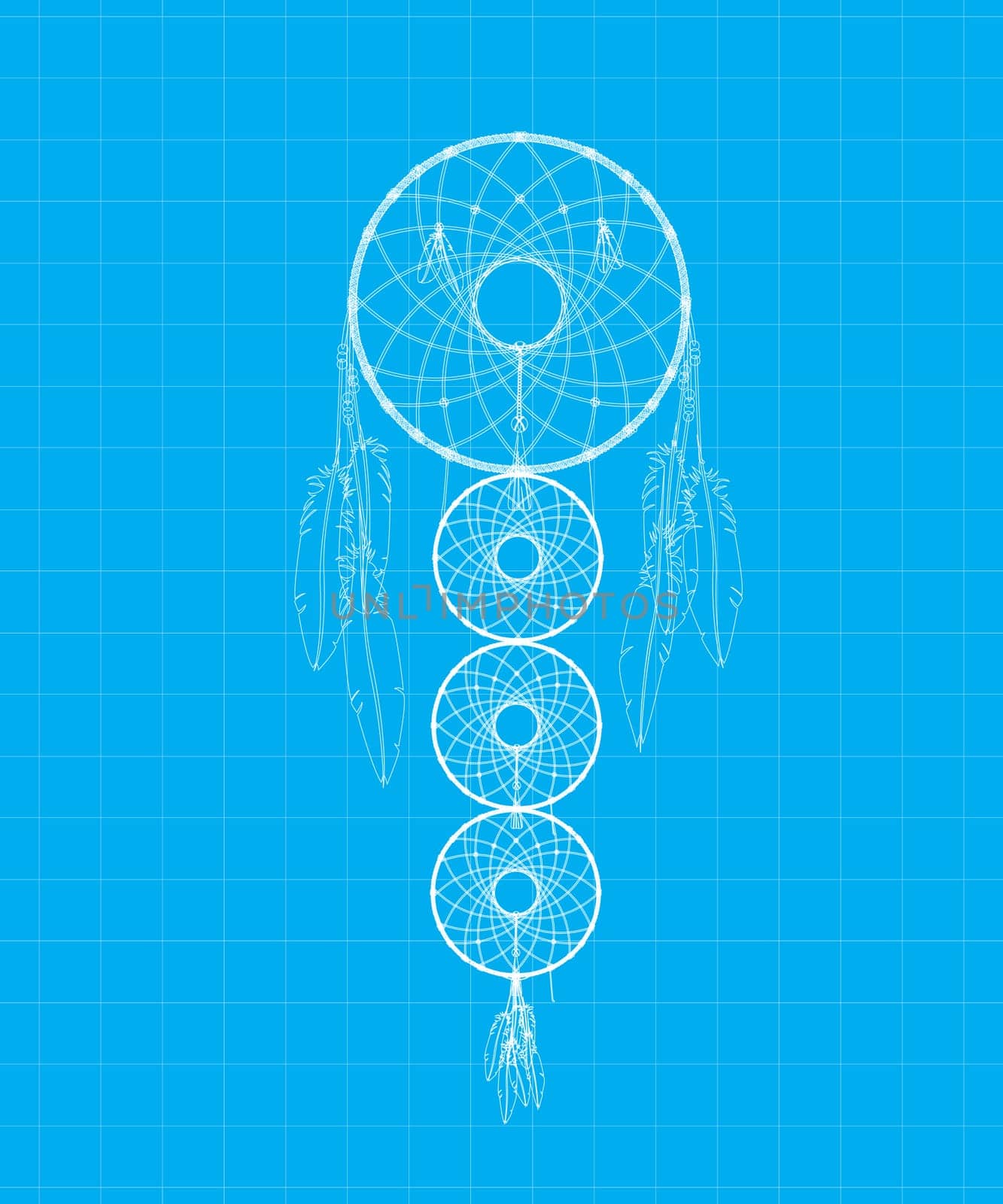 Native American-Indian dreamcatcher blue print sketch.