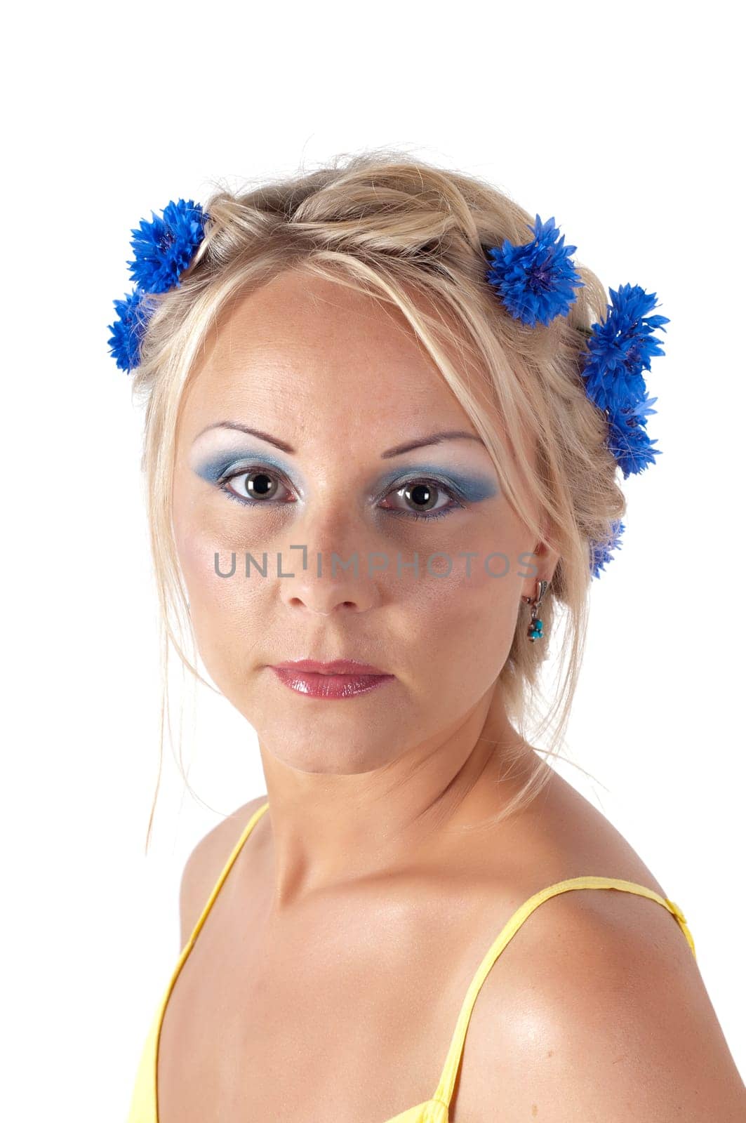 Blond woman in cornflowers wreath isolated on white