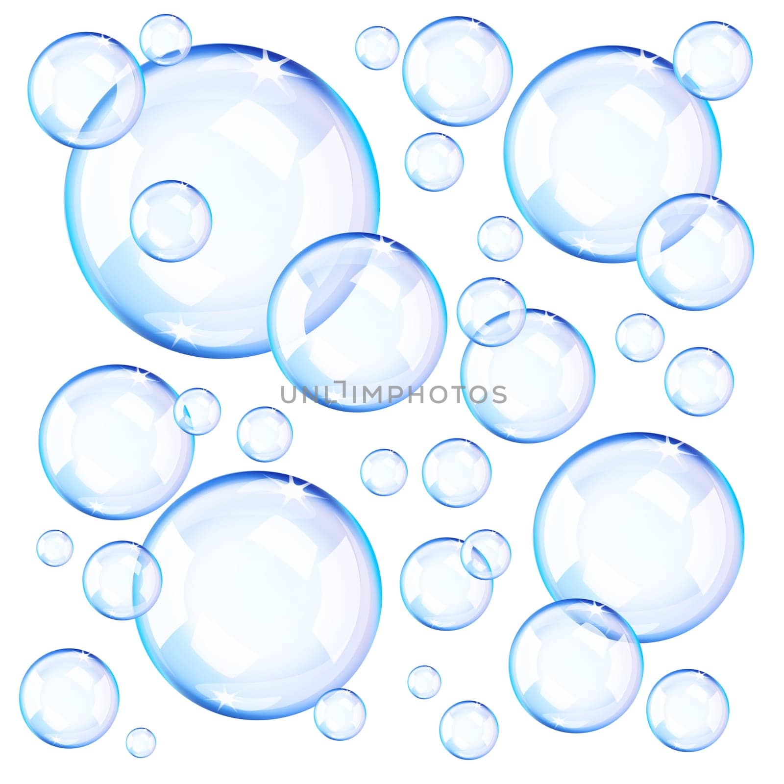 Transparent blue soap bubbles over white background