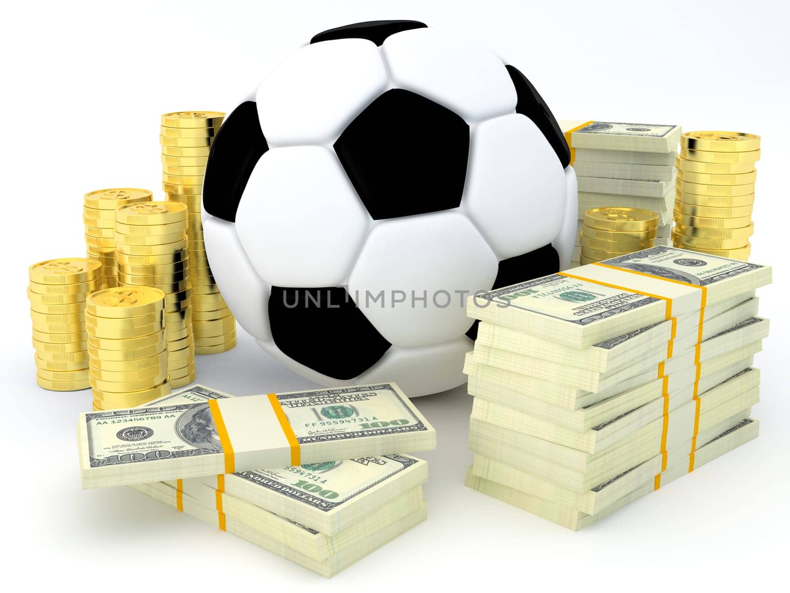 Sports betting concept - Soccer ball with banknotes and coins - 3D render