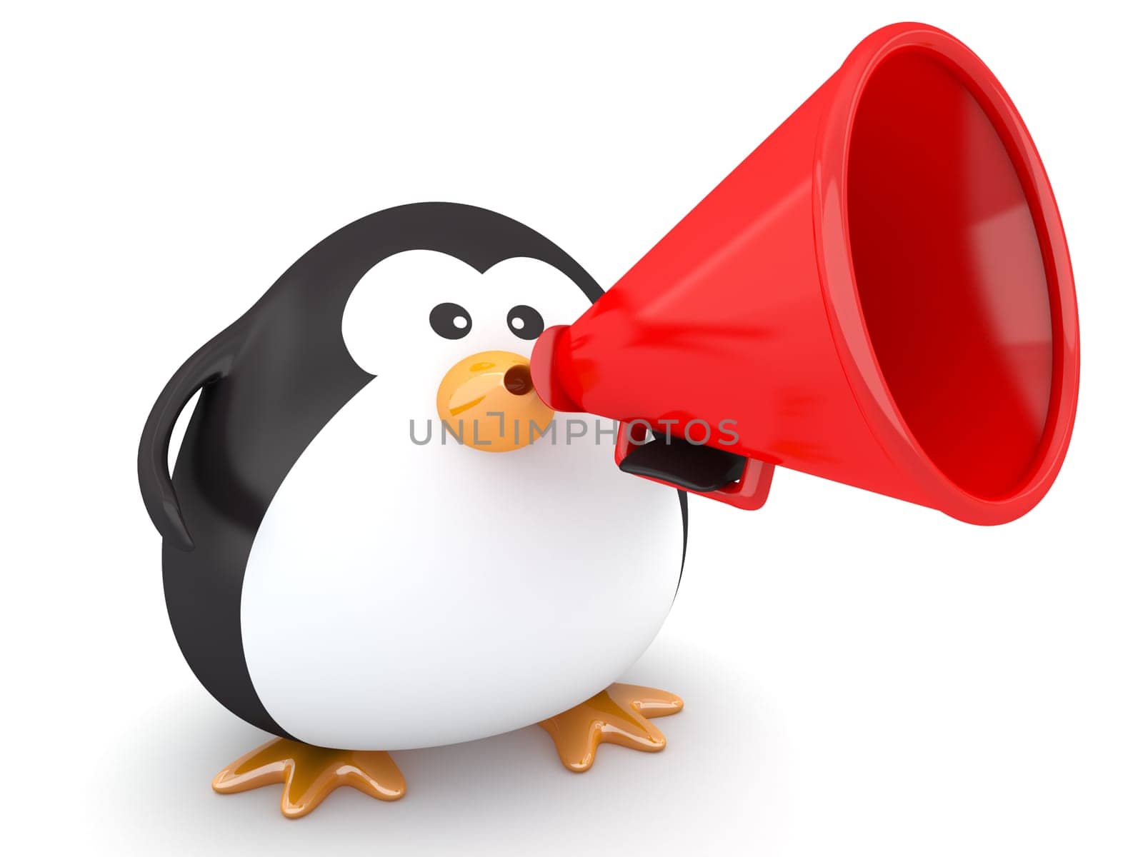 Fat penguin with a red megaphone - 3d render